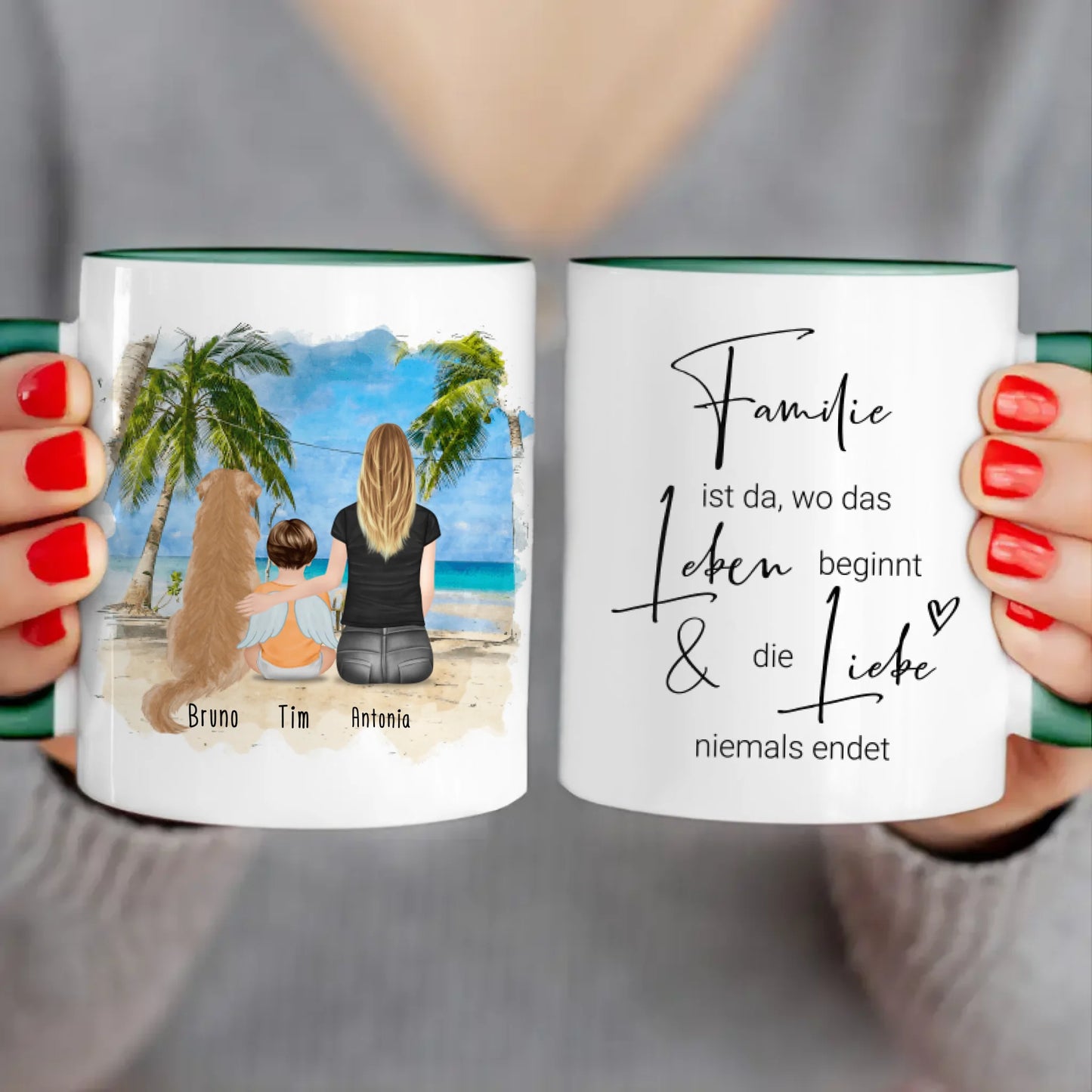 Personalisierte Tasse -  1 Mama + 1 Baby mit Engelsflügeln + 1 Hund