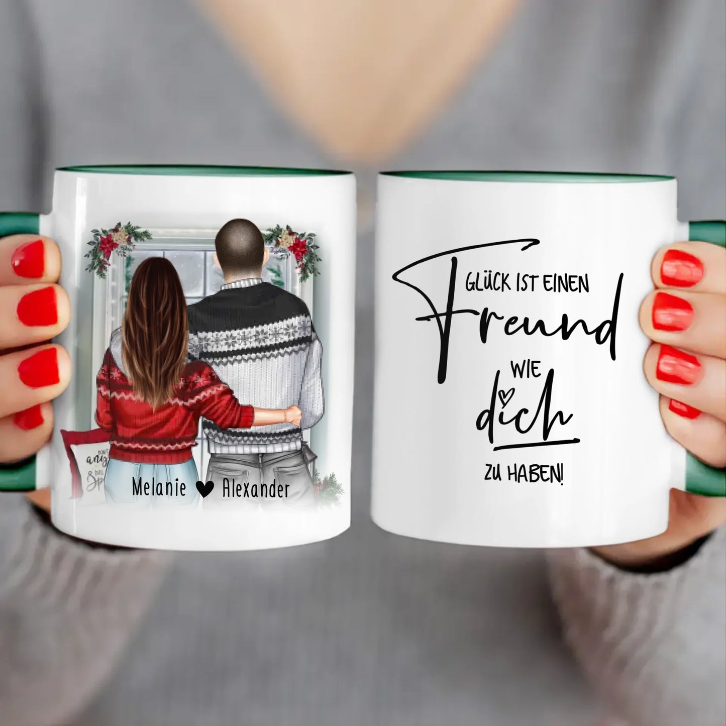 Personalisierte Tasse mit Paar in Weihnachtspullovern (stehend) - Pärchen Tasse - Weihnachtstasse