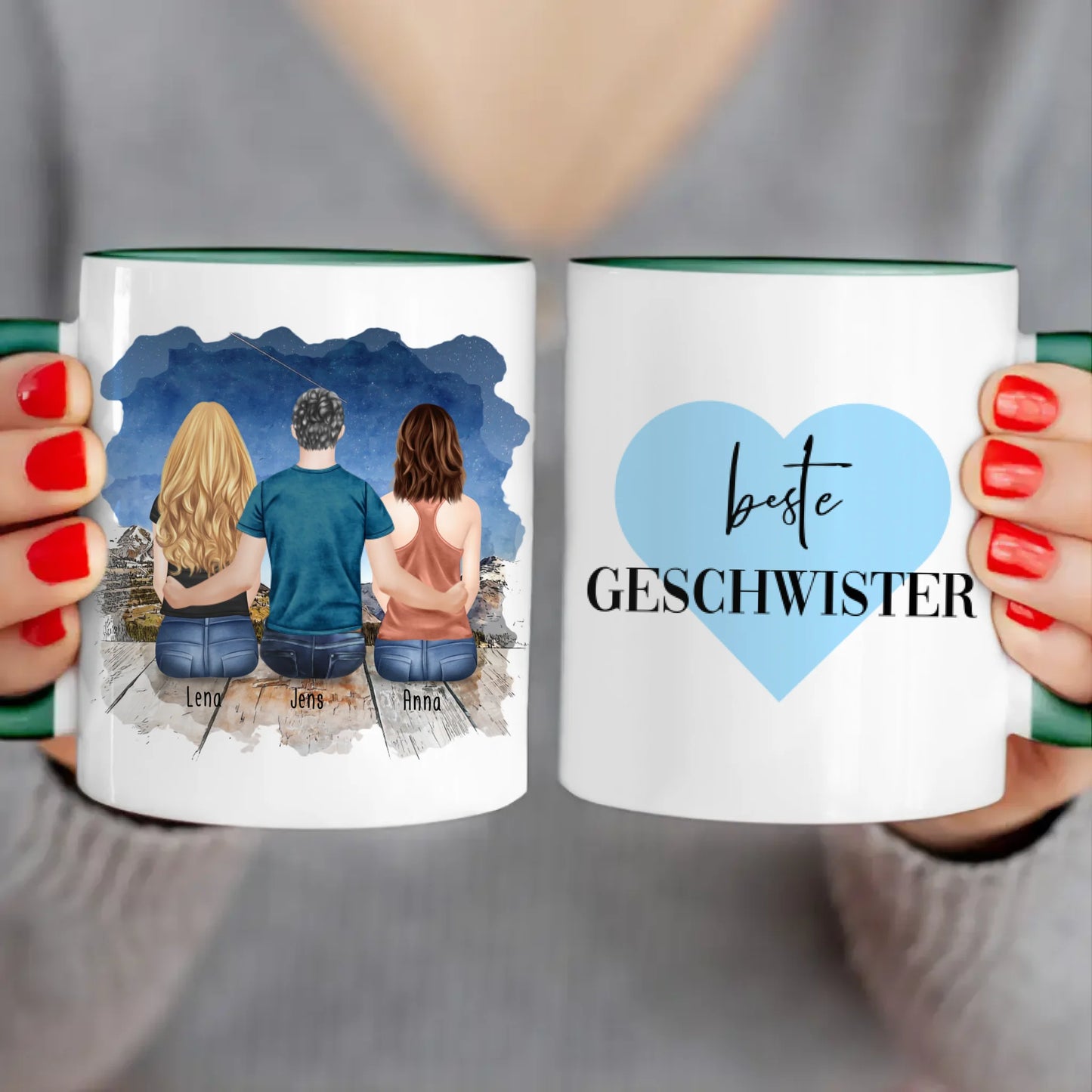 Personalisierte Tasse mit Bruder/Schwester (2 Schwester + 1 Bruder)