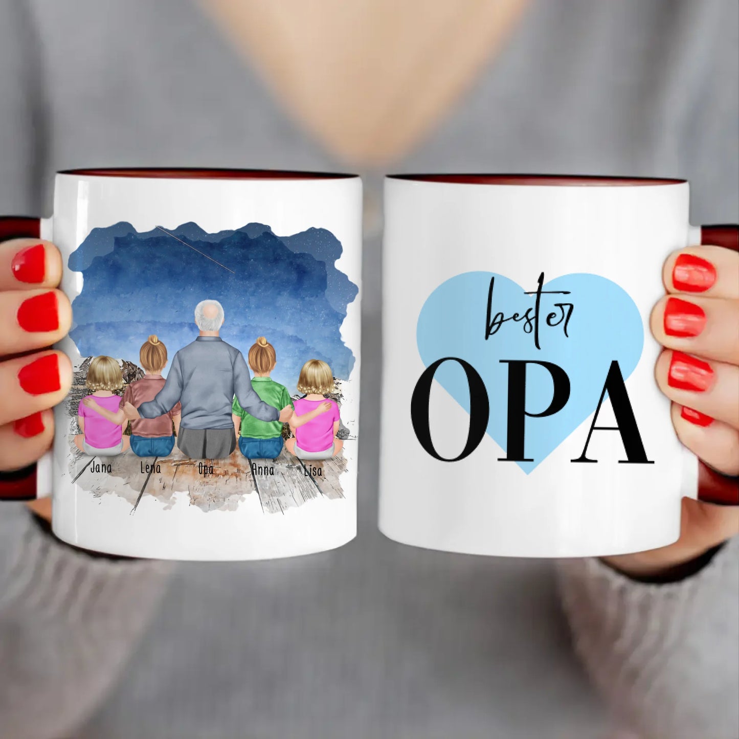 Personalisierte Tasse für Opa (2 Kinder + 2 Babys + 1 Opa)