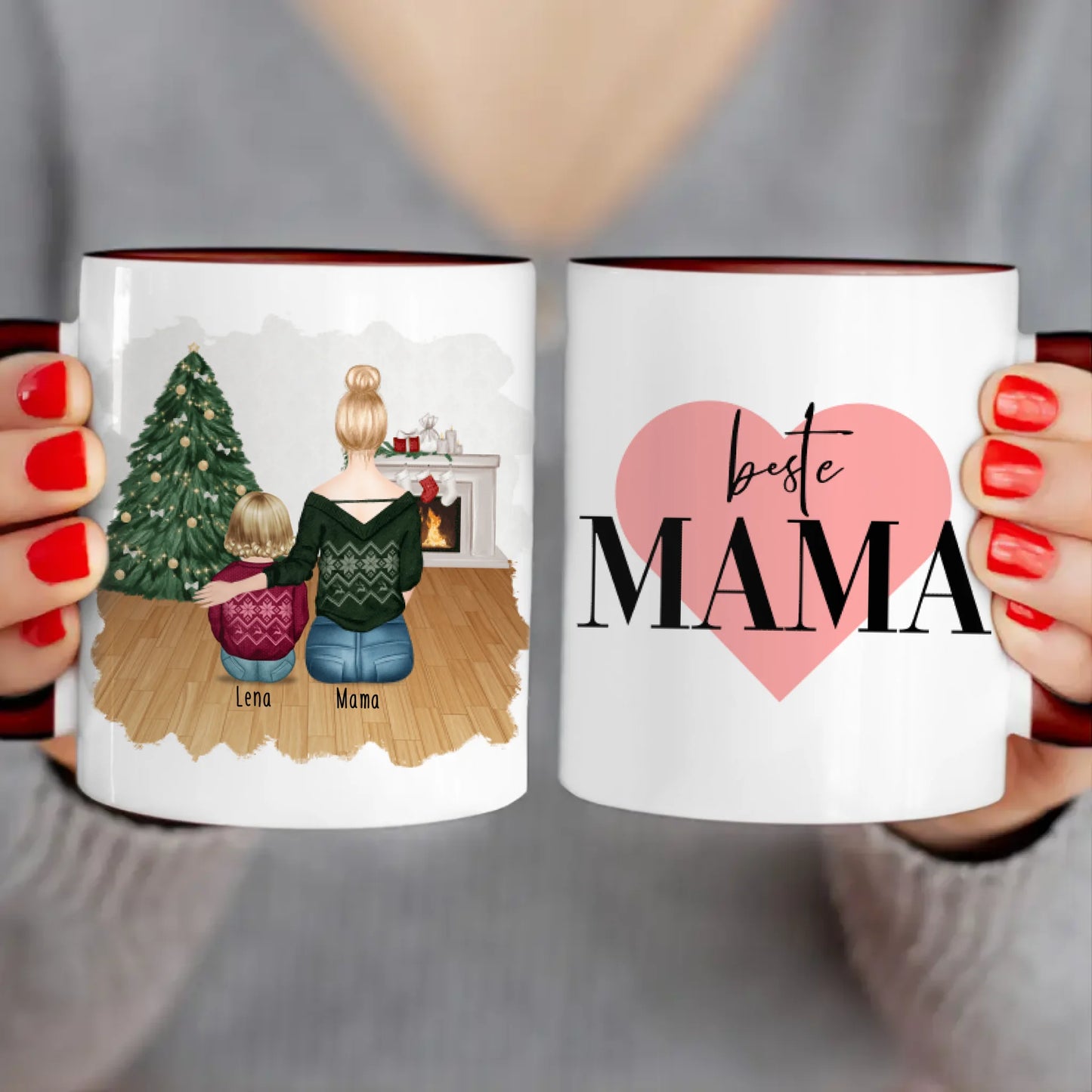 Personalisierte Tasse mit Mutter und Baby (1 Baby + 1 Mutter) - Weihnachtstasse