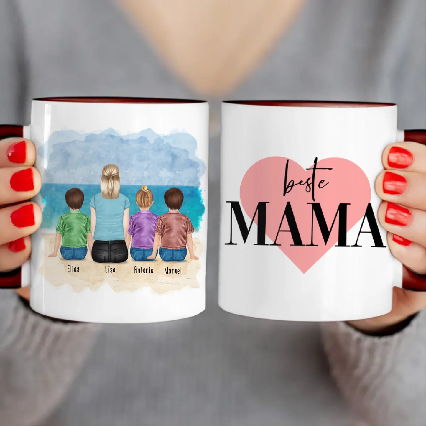 Personalisierte Tasse mit Mutter + 3 Kinder