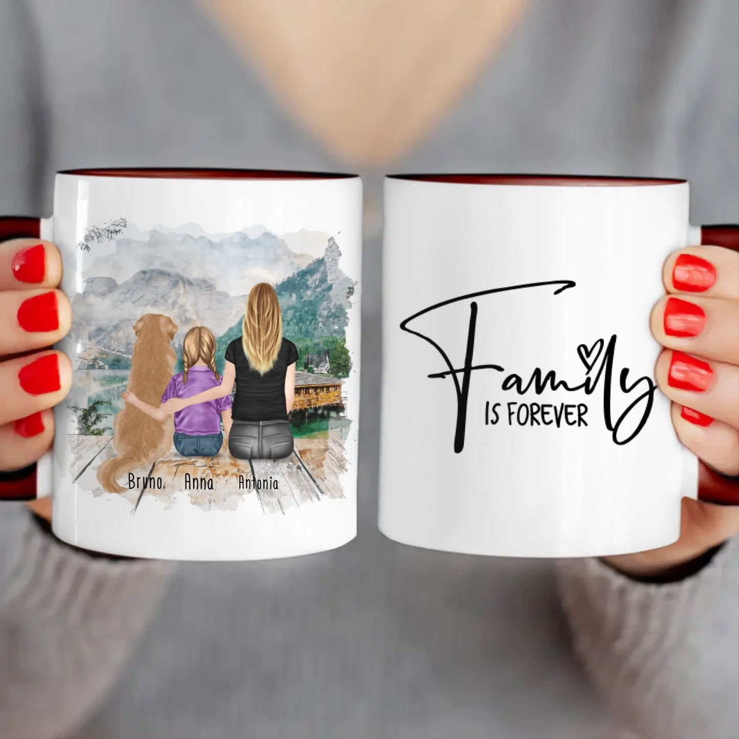 Personalisierte Tasse mit 1 Frau + 1 Kind + 1 Hund