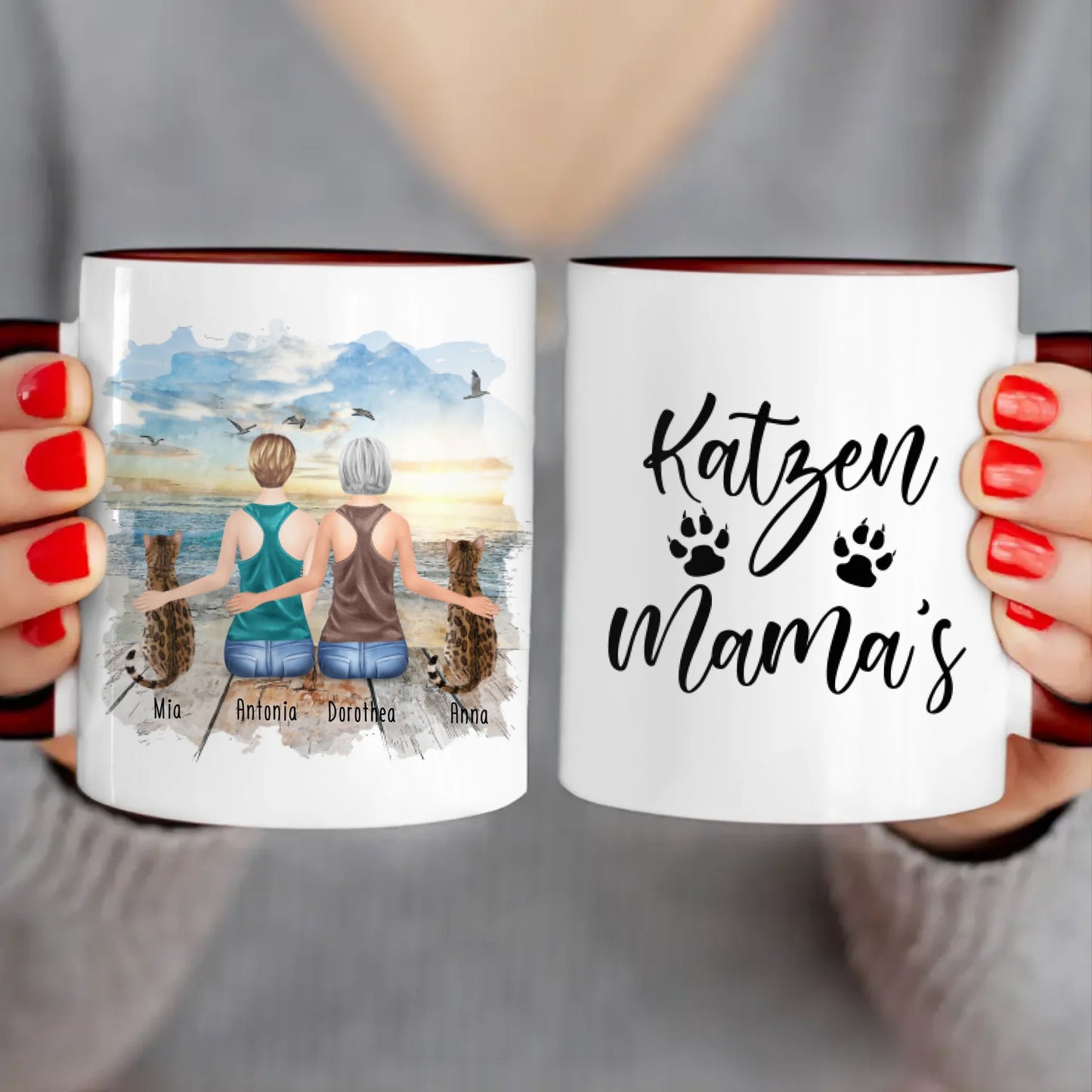 Personalisierte Tasse mit Katzen und Frauen (2 Katzen + 2 Frauen)