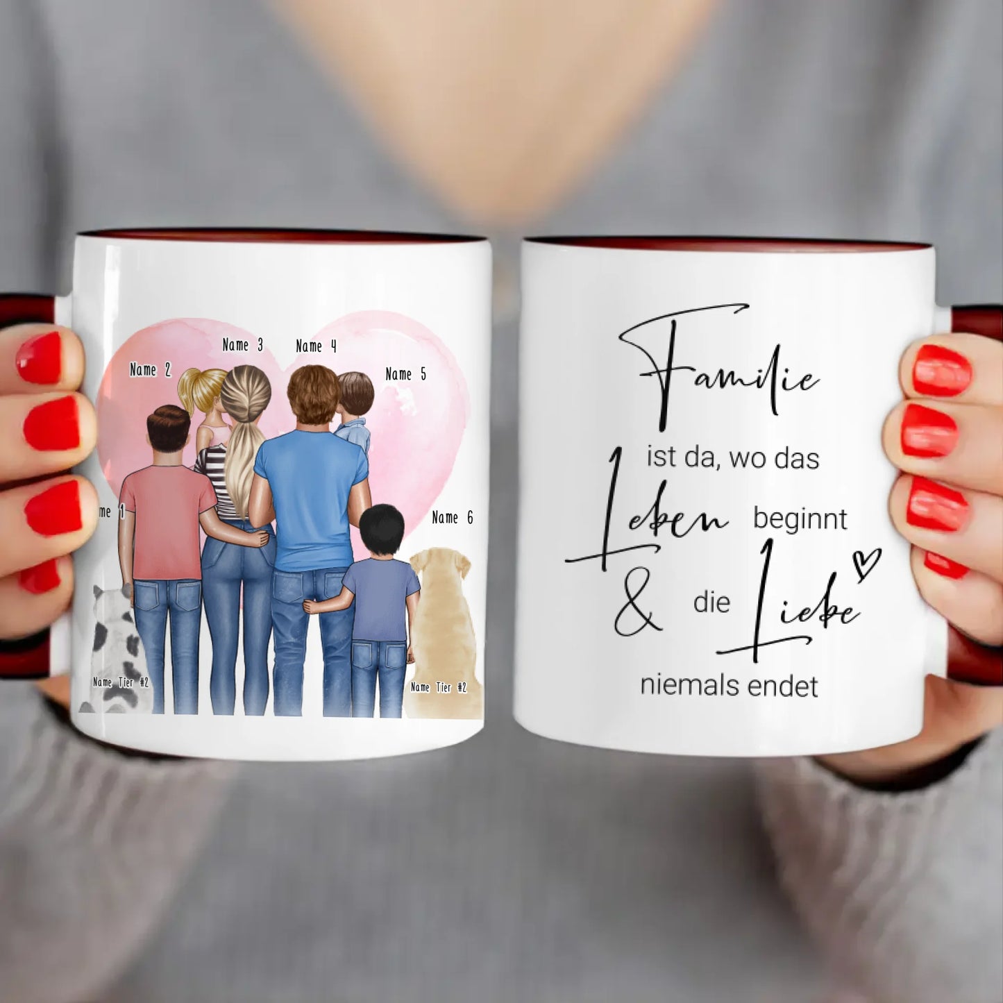 Personalisierte Tasse - Familie + 1-4 Kinder + 1-2 Hunde/Katzen