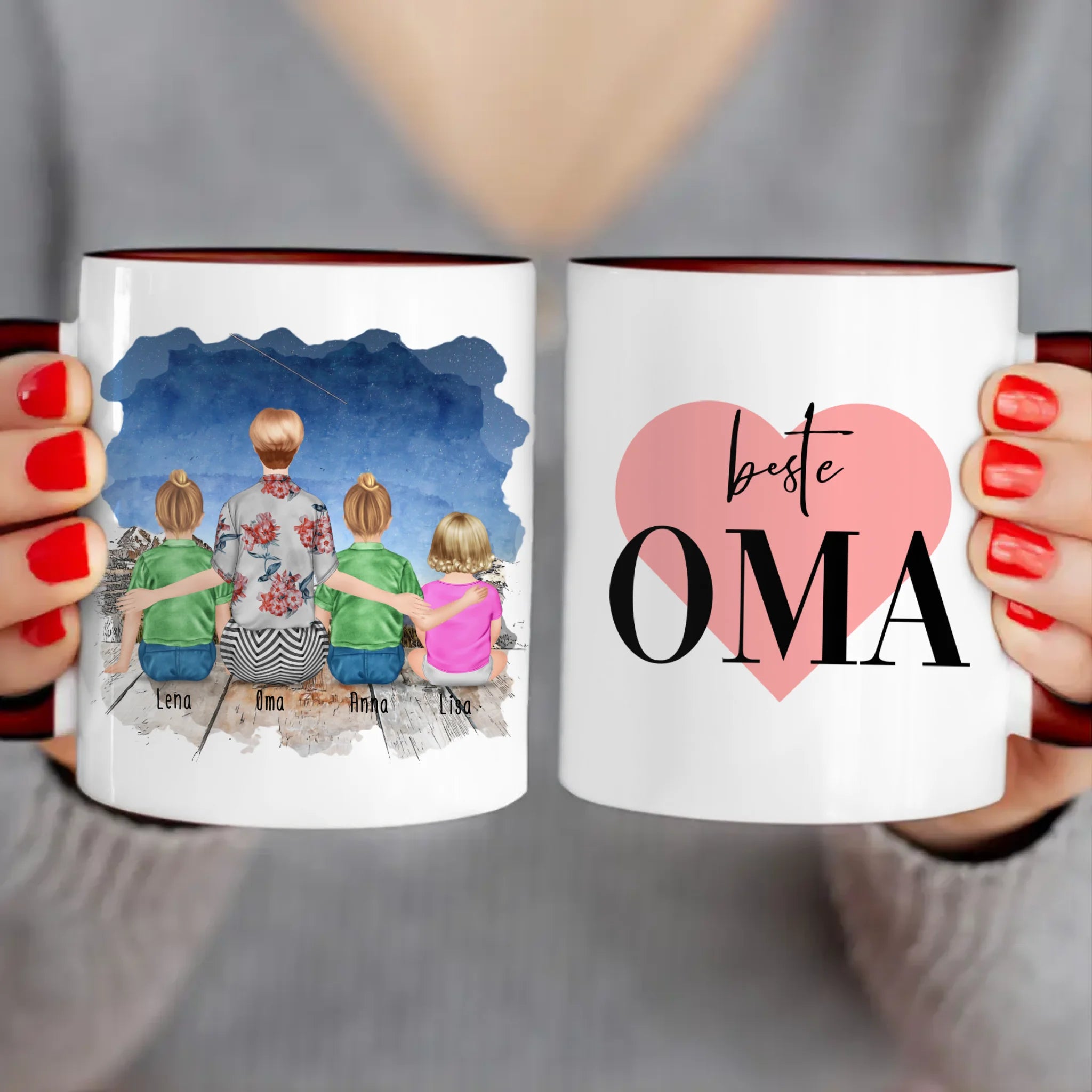 Personalisierte Tasse für Oma (2 Kinder + 1 Baby + 1 Oma)