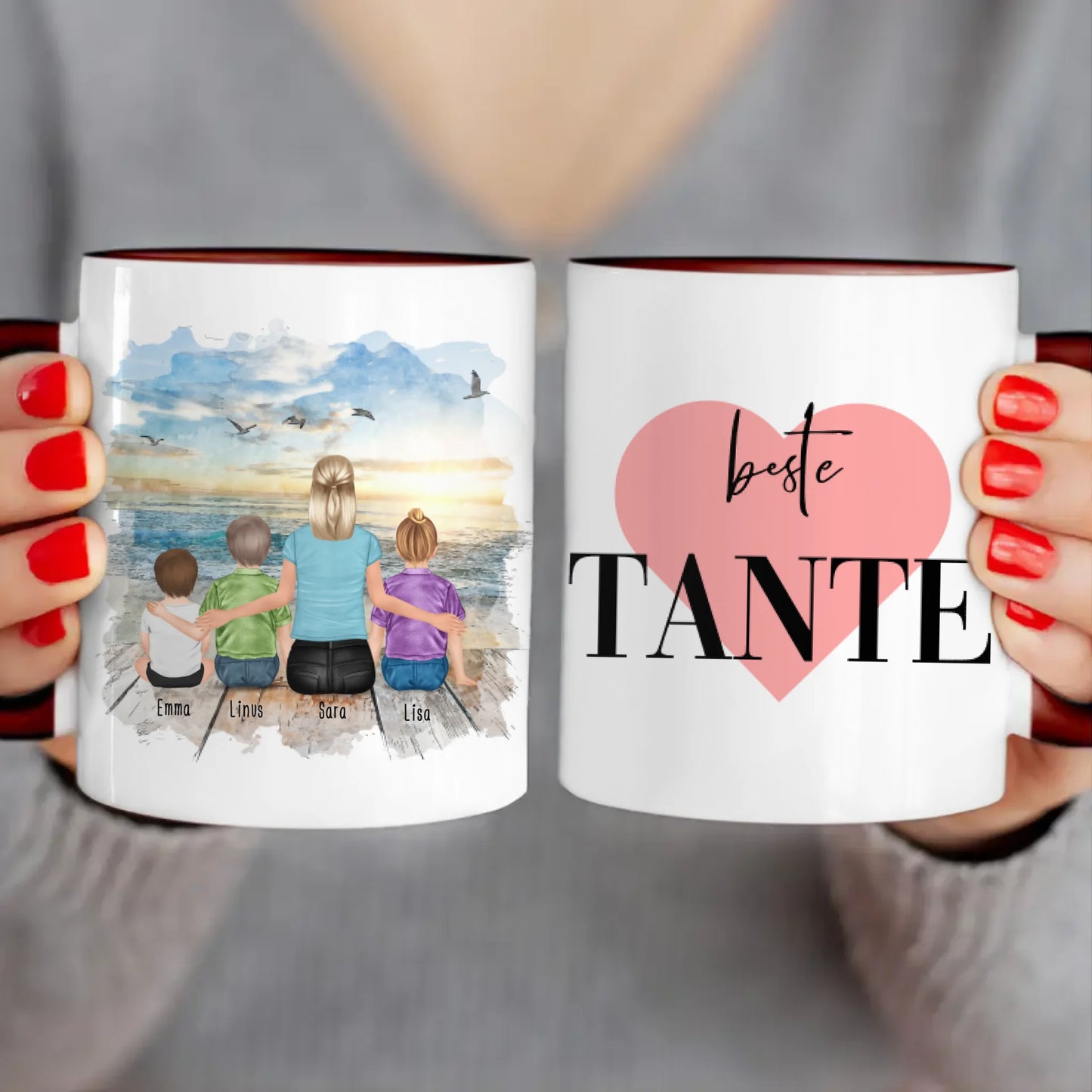 Personalisierte Tasse mit Tante (1 Baby + 2 Kinder + 1 Tante)