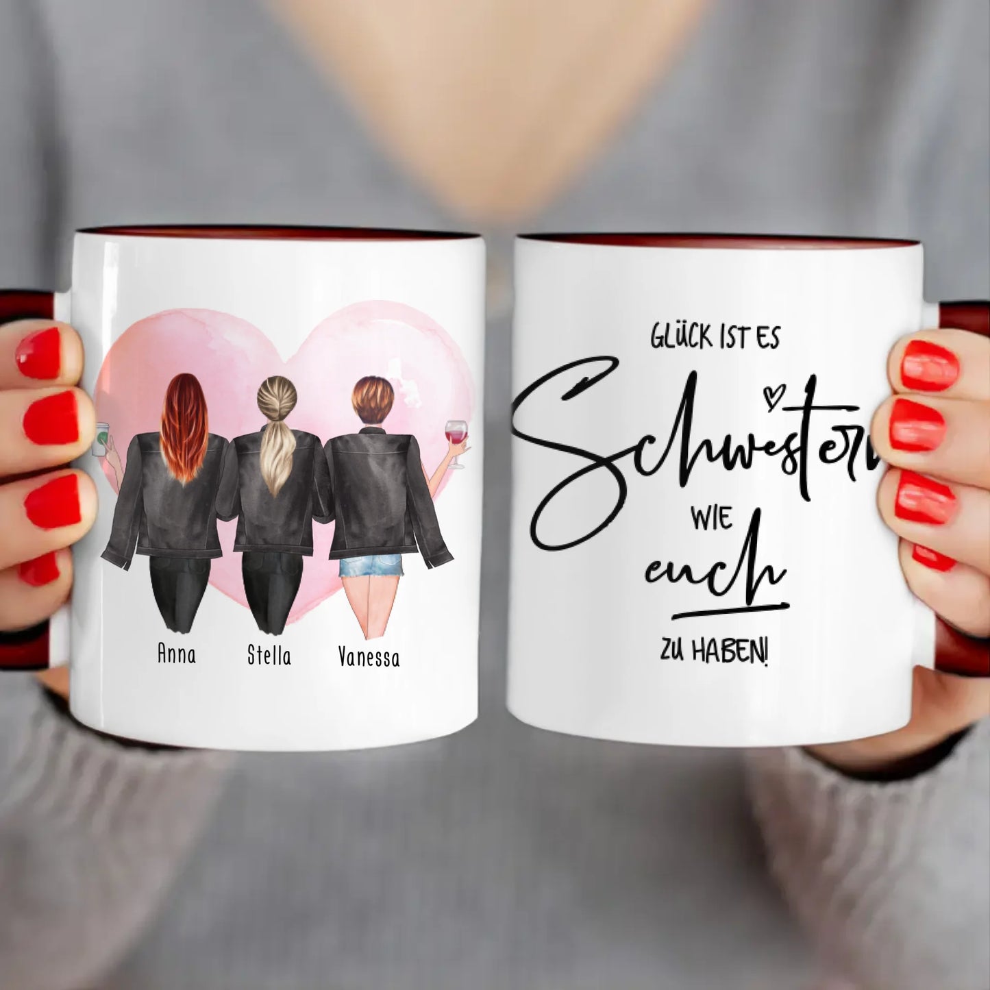 Personalisierte Tasse - Beste Schwestern mit Jacken (3 Schwestern)