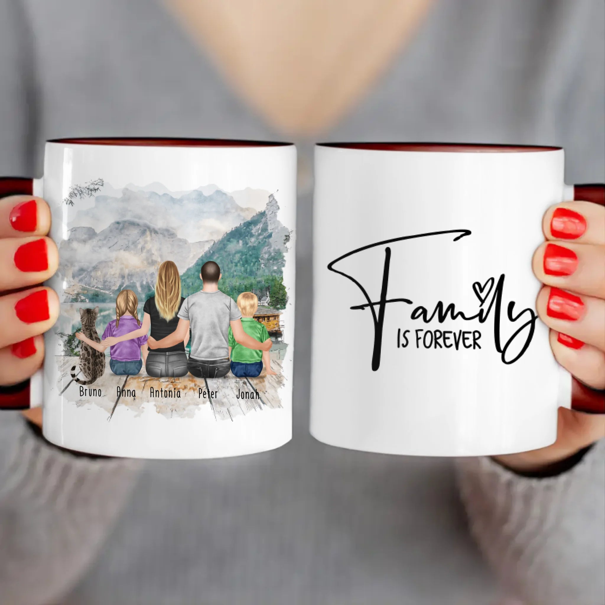 Personalisierte Tasse mit Familie + 1 Katze (2 Kinder)