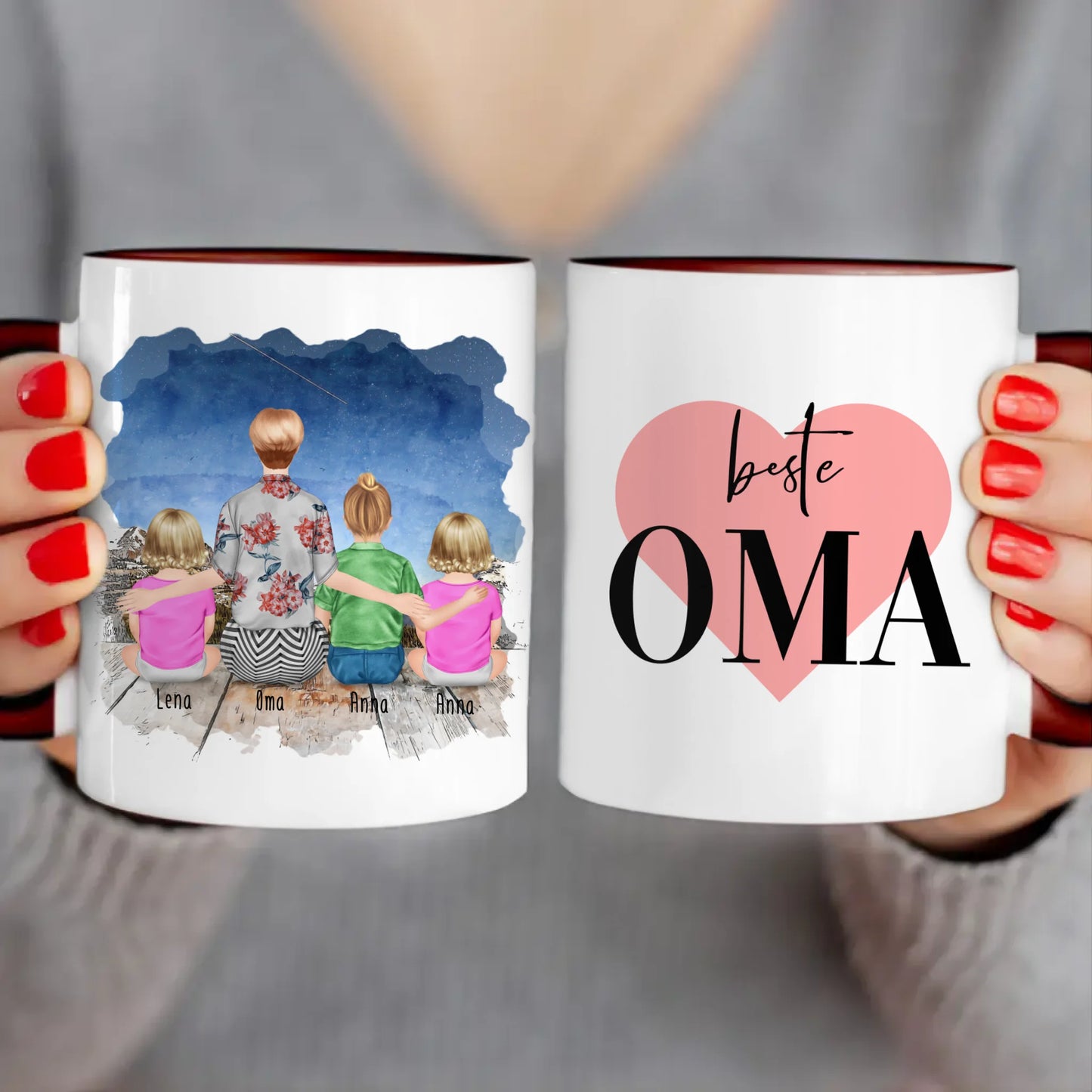 Personalisierte Tasse für Oma (2 Babys + 1 Kind + 1 Oma)