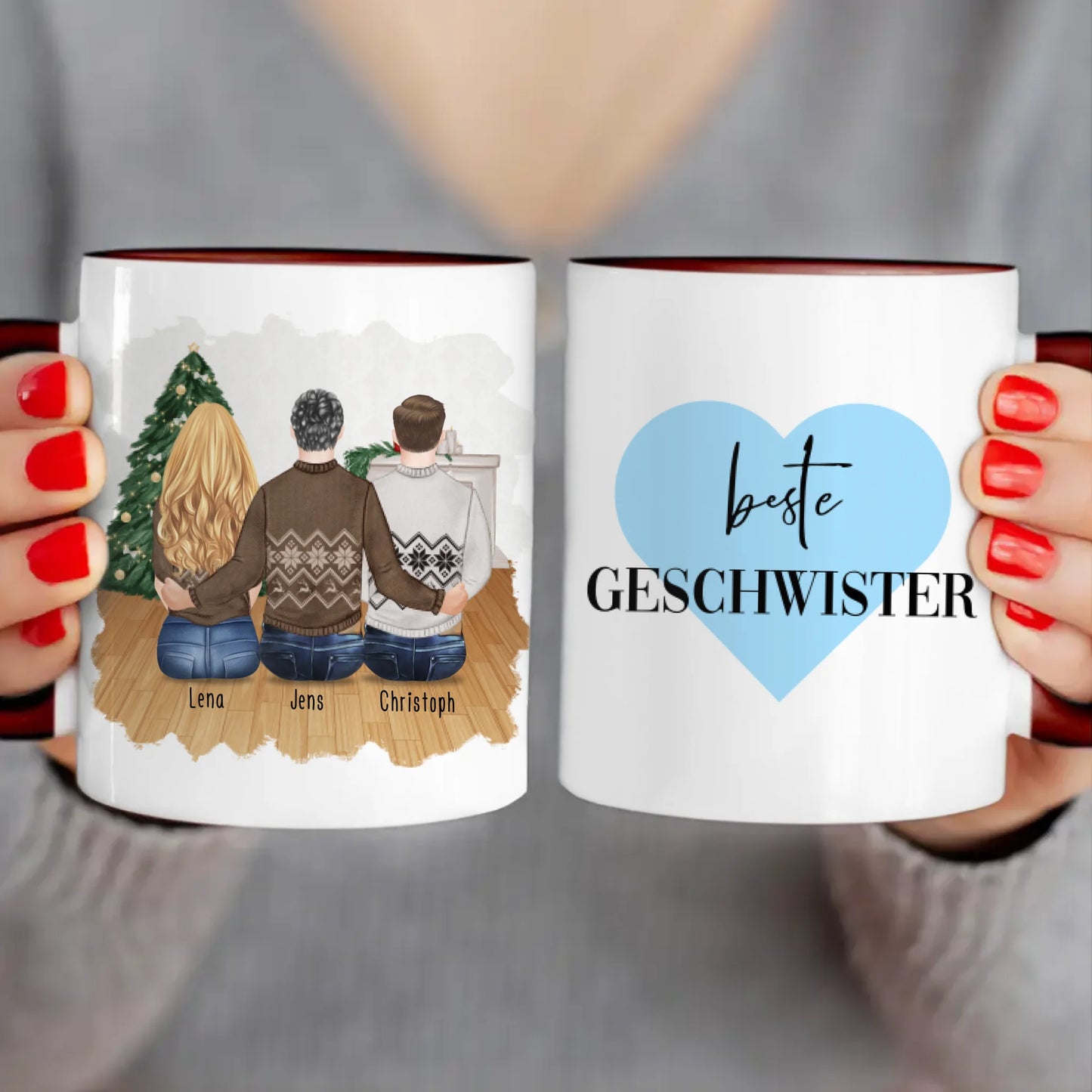 Personalisierte Tasse mit Bruder/Schwester (1 Schwester + 2 Brüder) - Weihnachtstasse