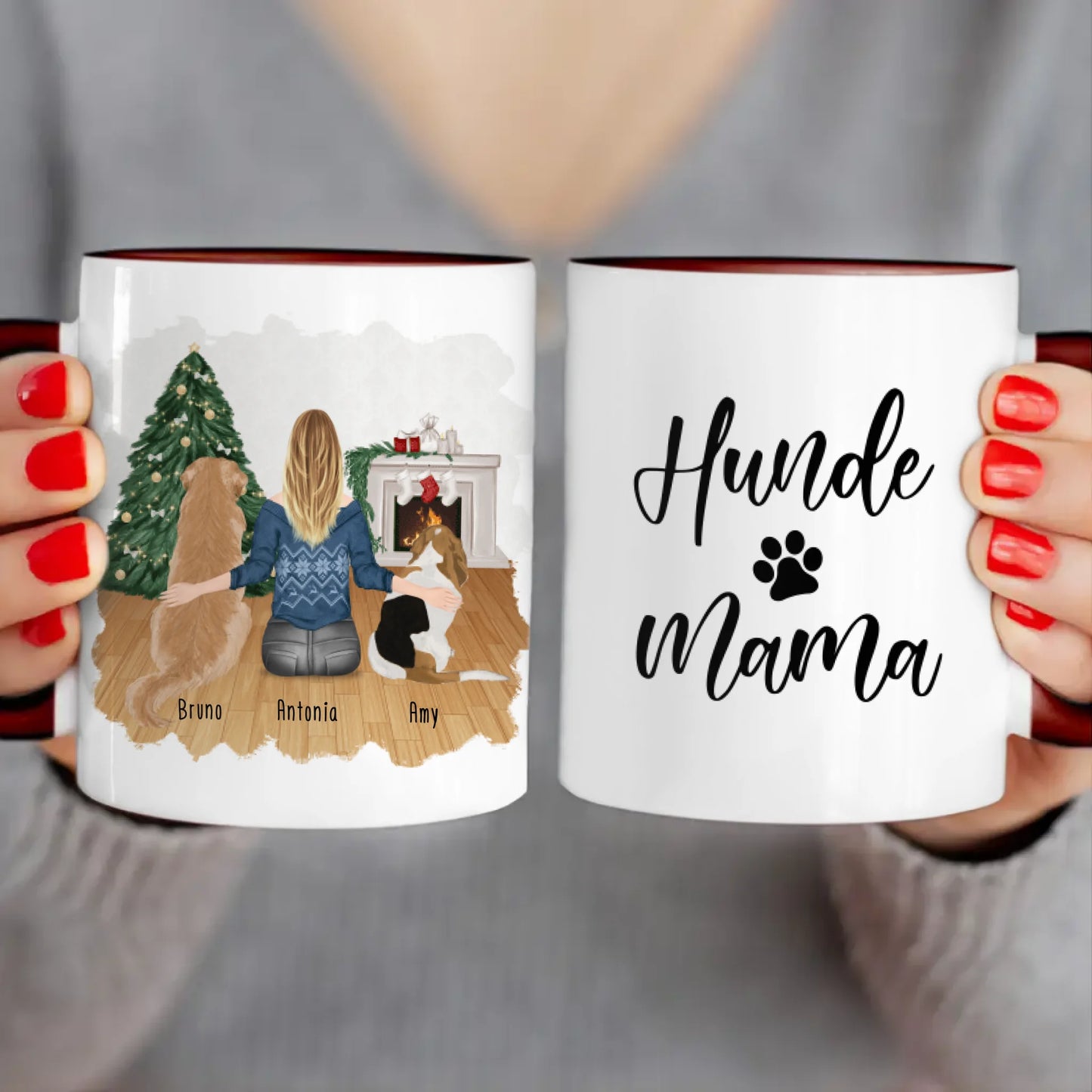 Personalisierte Tasse mit Hund und Frau (2 Hunde + 1 Frau) - Weihnachtstasse