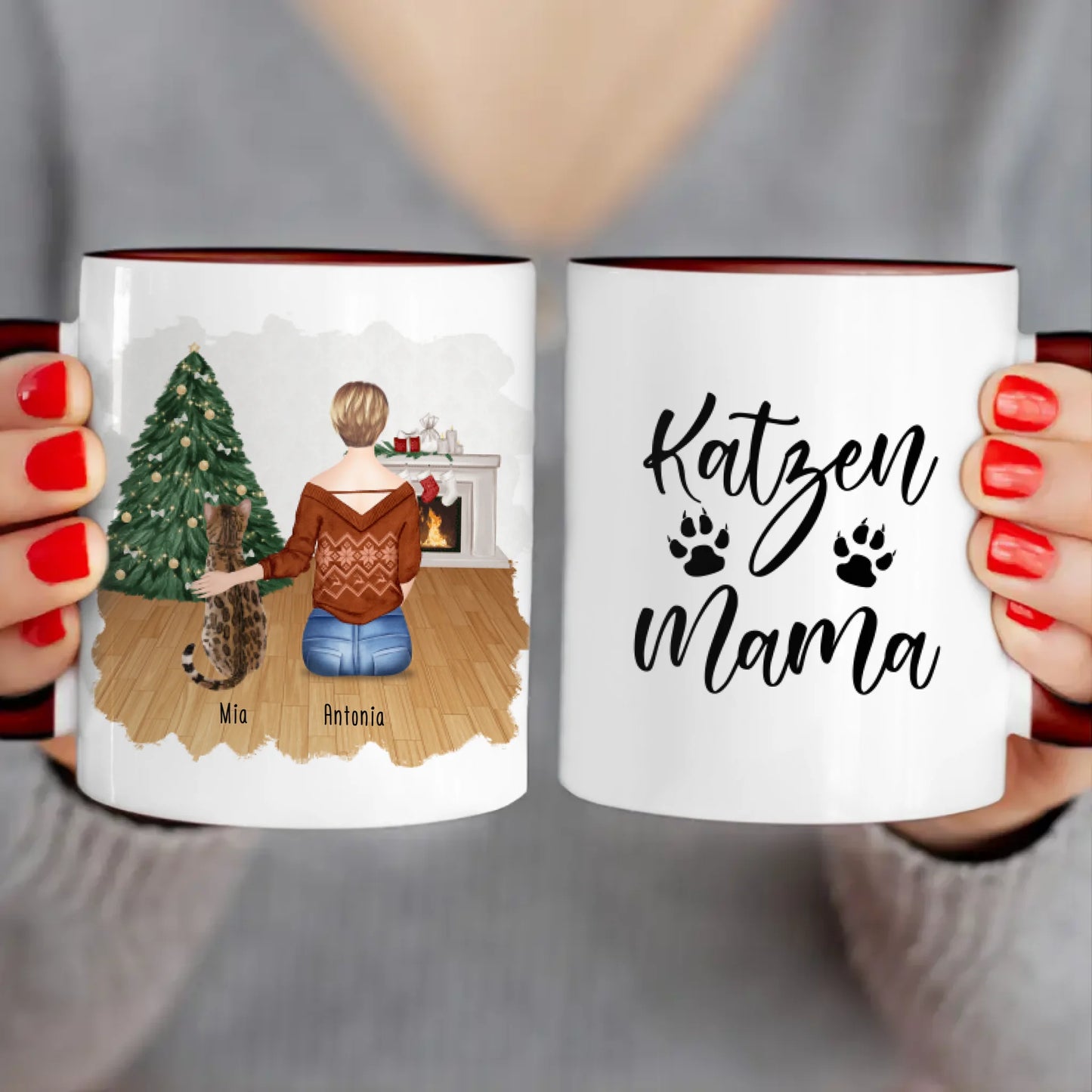 Personalisierte Tasse mit Katze und Frau (1 Katze + 1 Frau) - Weihnachtstasse