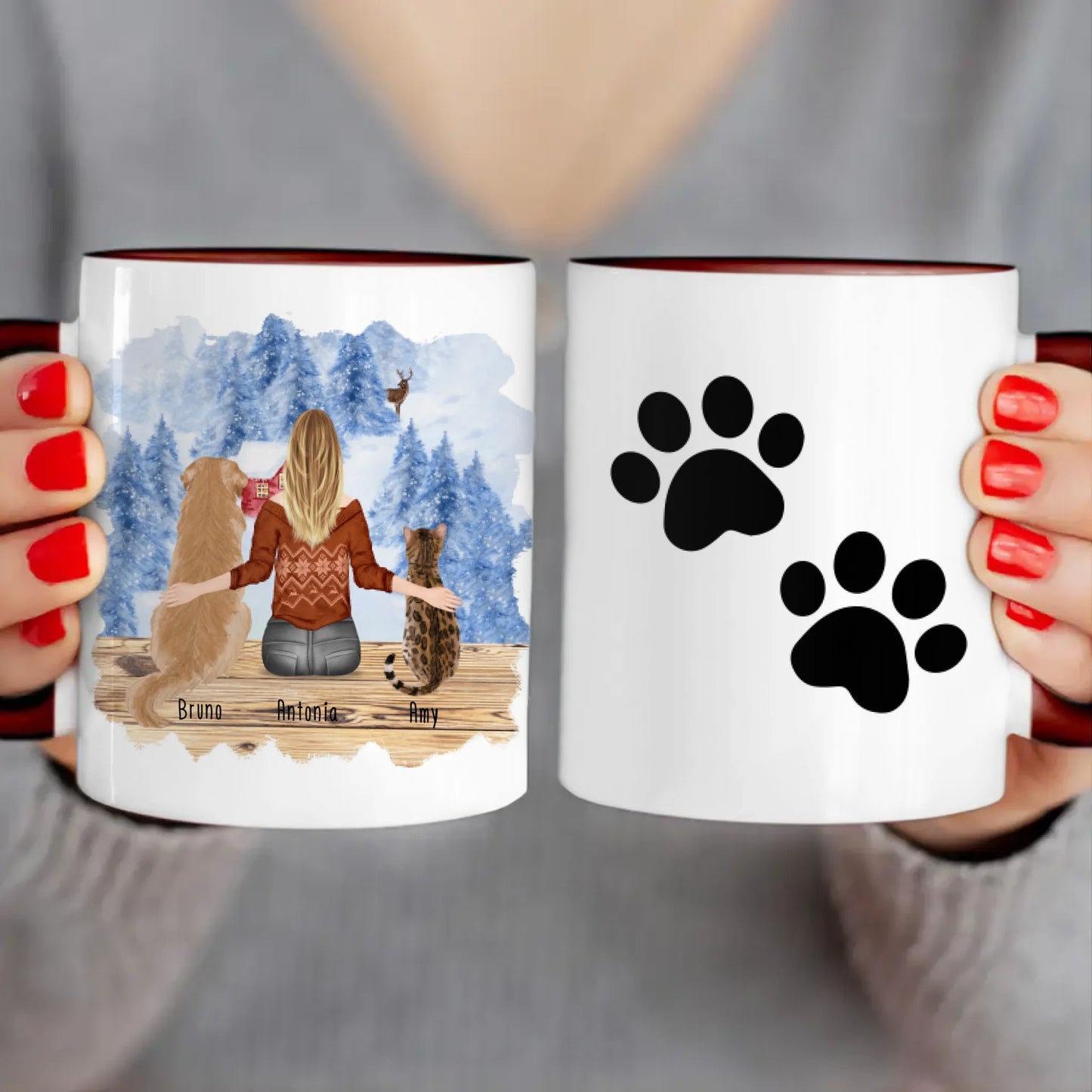 Personalisierte Tasse mit Hund/Katze/Frau (1 Hunde + 1 Katze + 1 Frau) - Weihnachtstasse