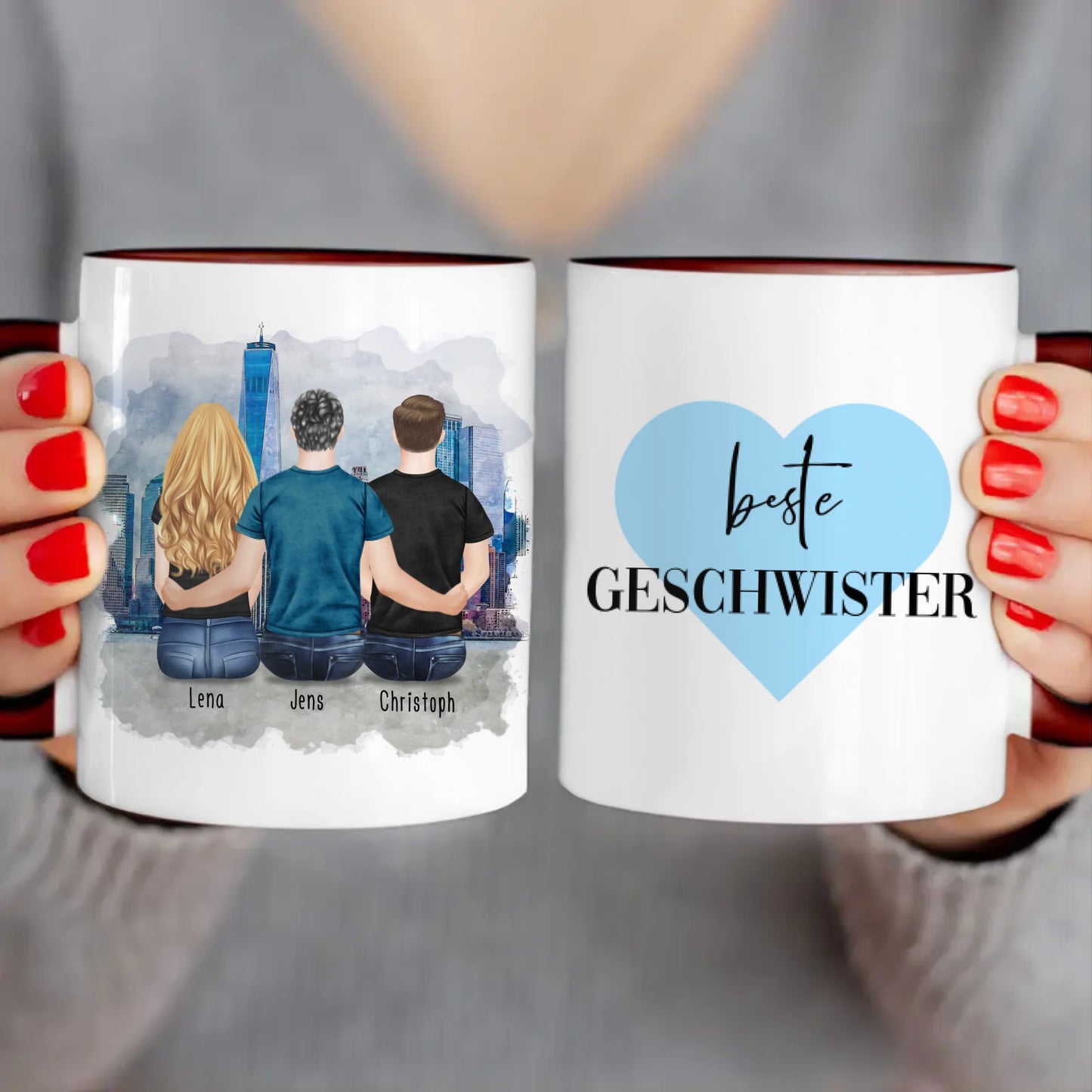 Personalisierte Tasse mit Bruder/Schwester (1 Schwester + 2 Brüder)