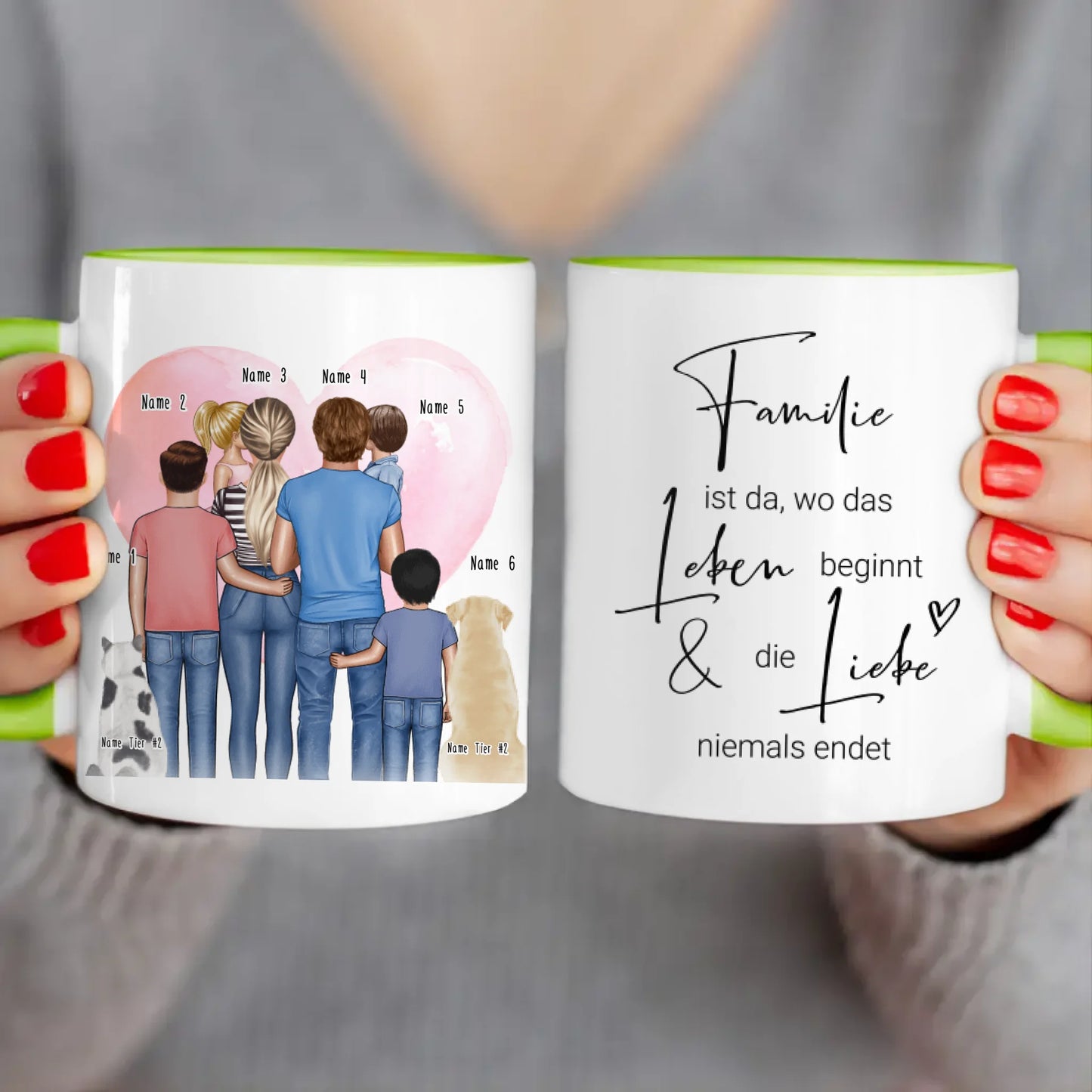 Personalisierte Tasse - Familie + 1-4 Kinder + 1-2 Hunde/Katzen