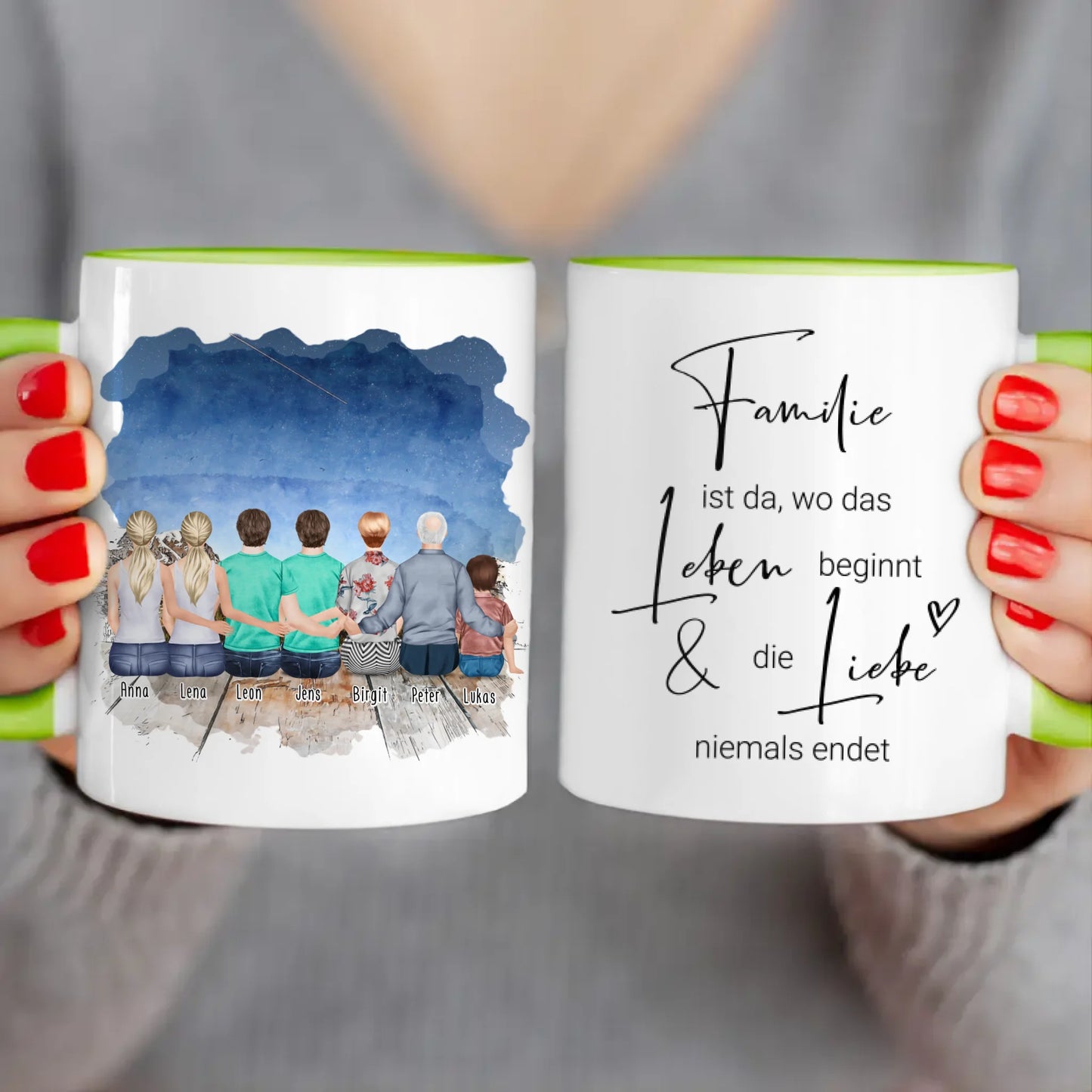 Personalisierte Tasse - 2 Frauen + 2 Männer + 1 Oma + 1 Opa + 1 Kind