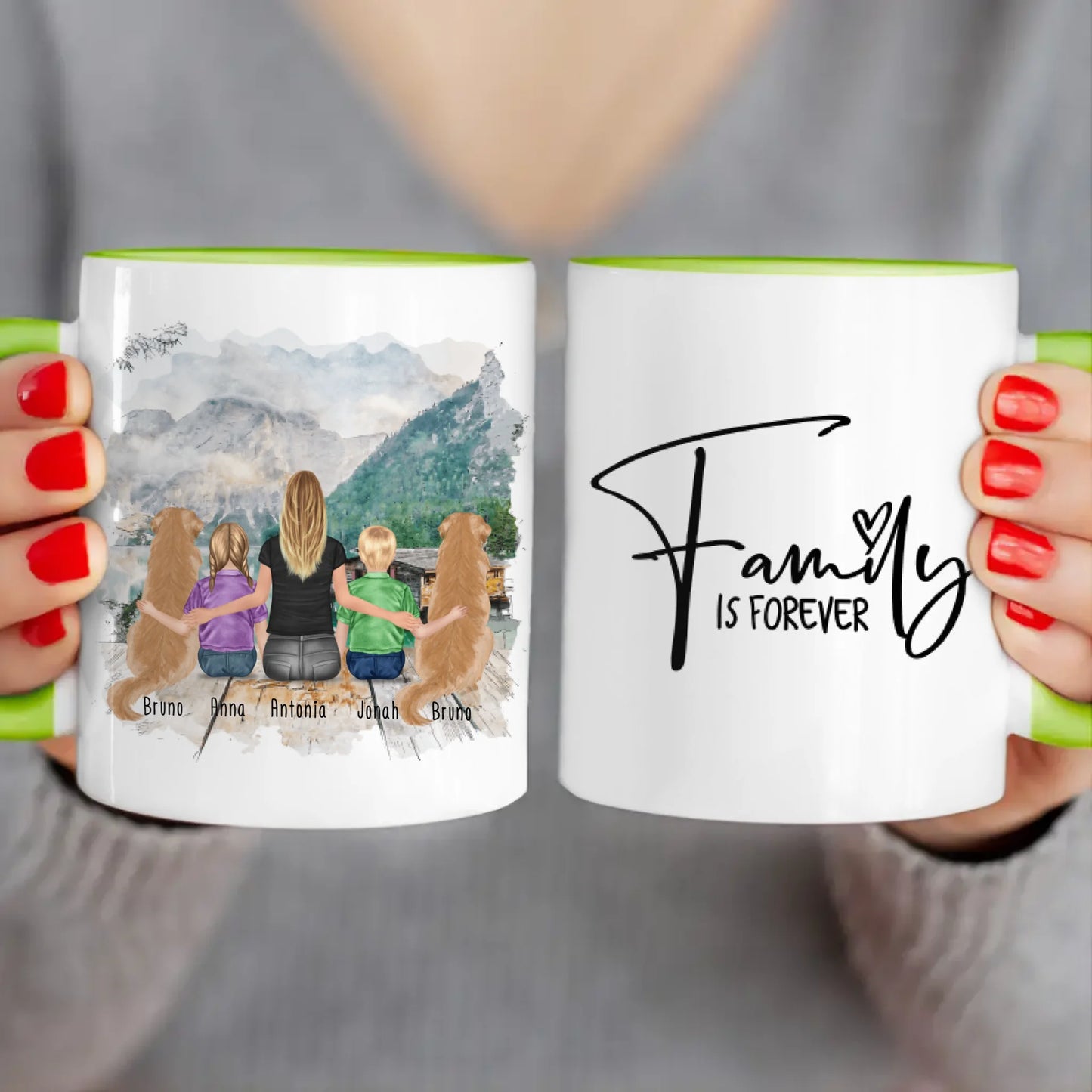 Personalisierte Tasse mit 1 Frau + 2 Kindern + 2 Hunden