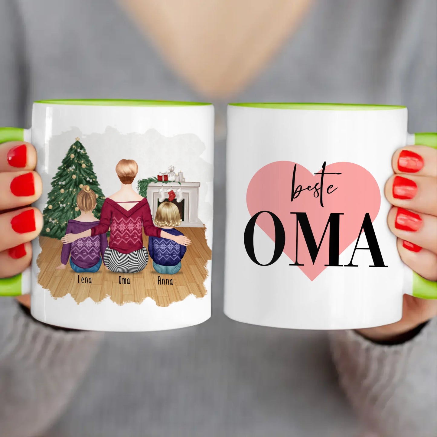 Personalisierte Tasse für Oma (1 Baby + 1 Kind + 1 Oma) - Weihnachtstasse