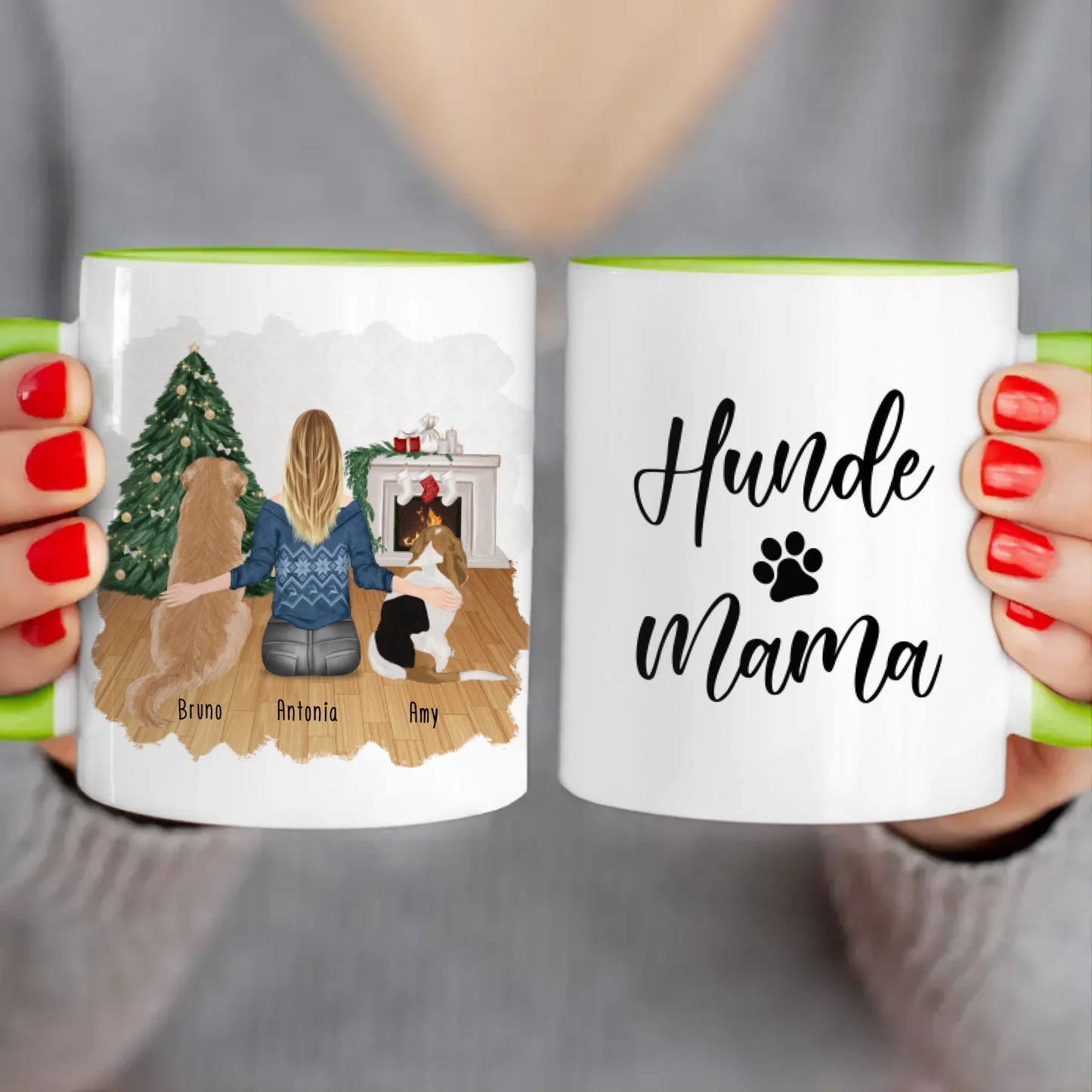 Personalisierte Tasse mit Hund und Frau (2 Hunde + 1 Frau) - Weihnachtstasse