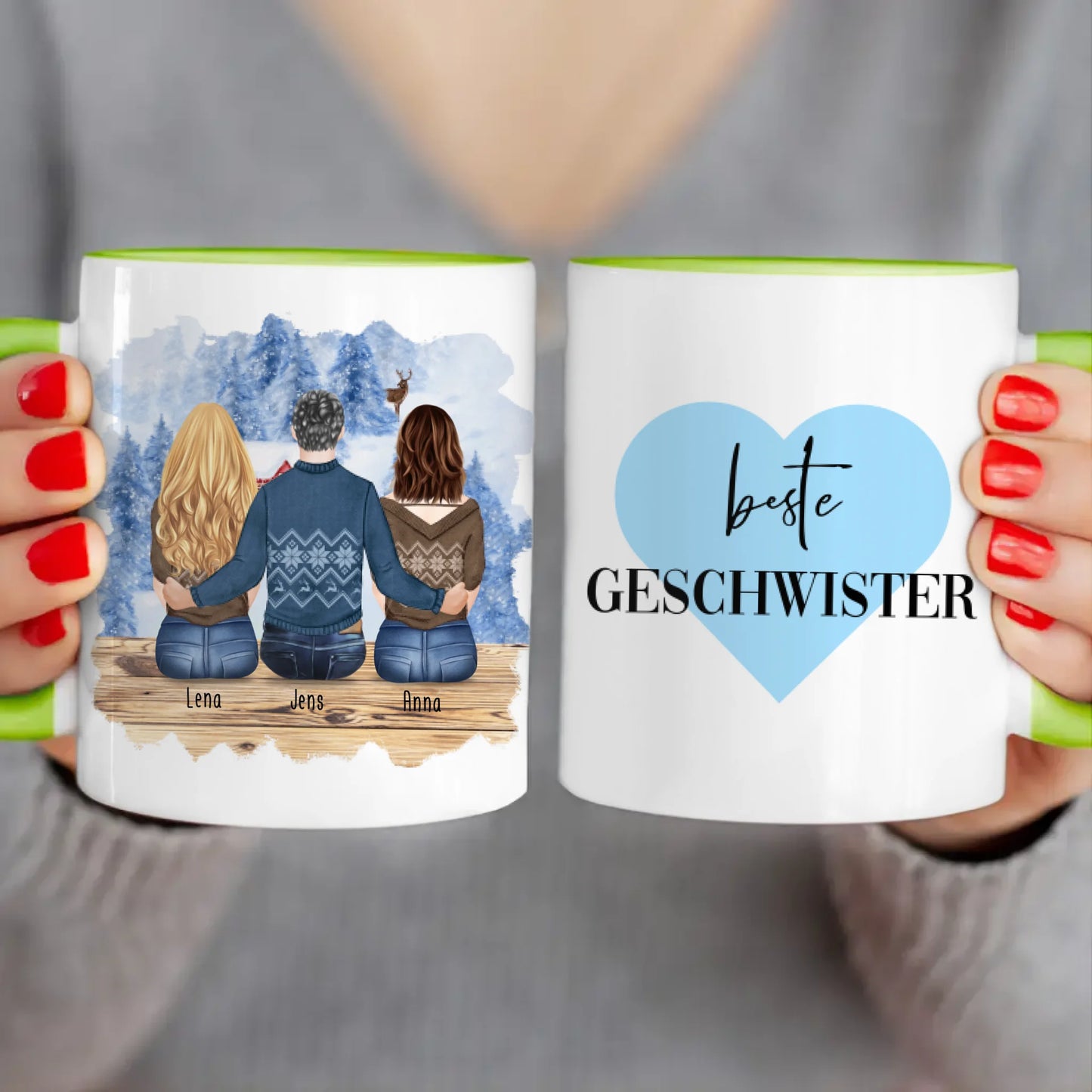 Personalisierte Tasse mit Bruder/Schwester (2 Schwester + 1 Bruder) - Weihnachtstasse