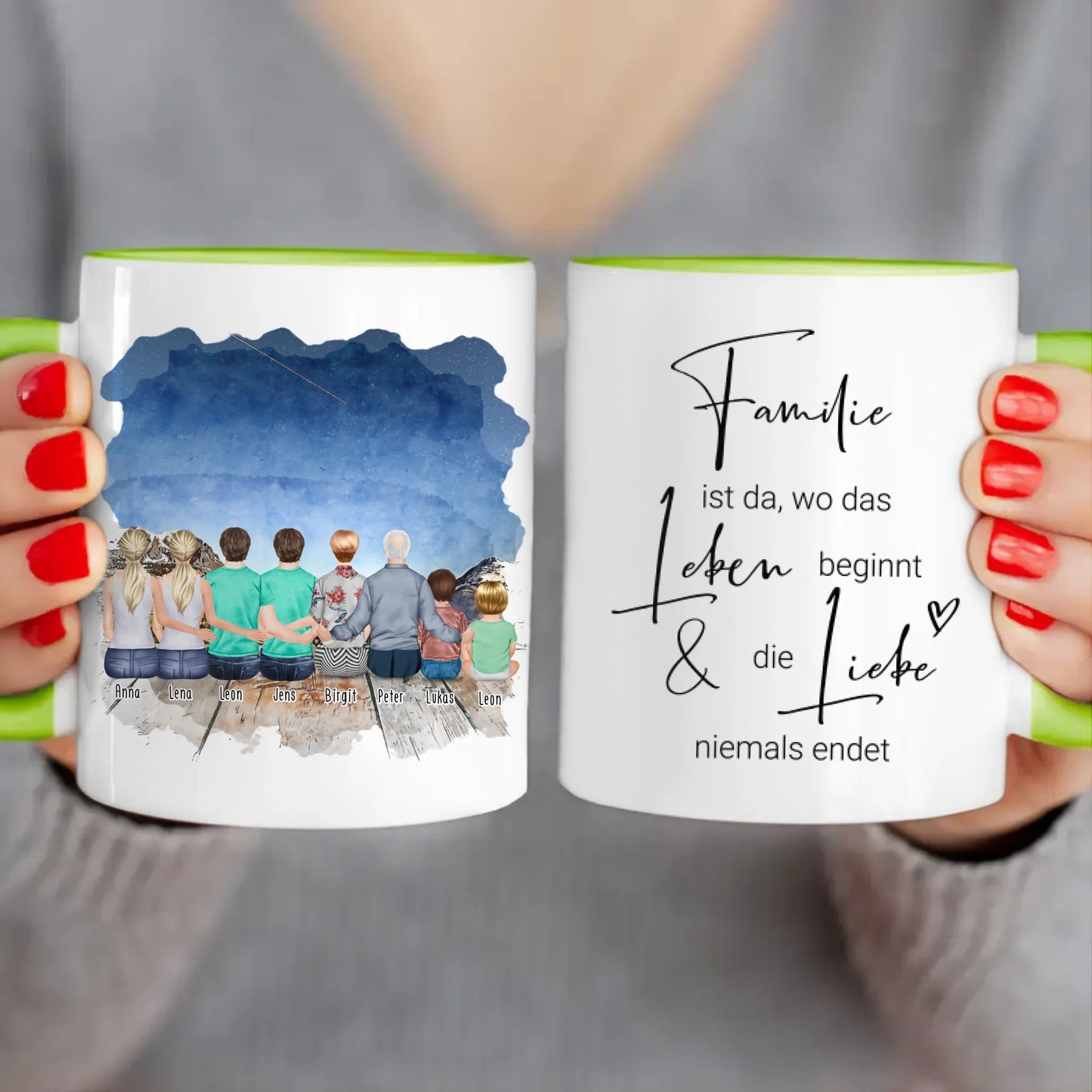 Personalisierte Tasse - 2 Frauen + 2 Männer + 1 Oma + 1 Opa + 1 Kind + 1 Baby