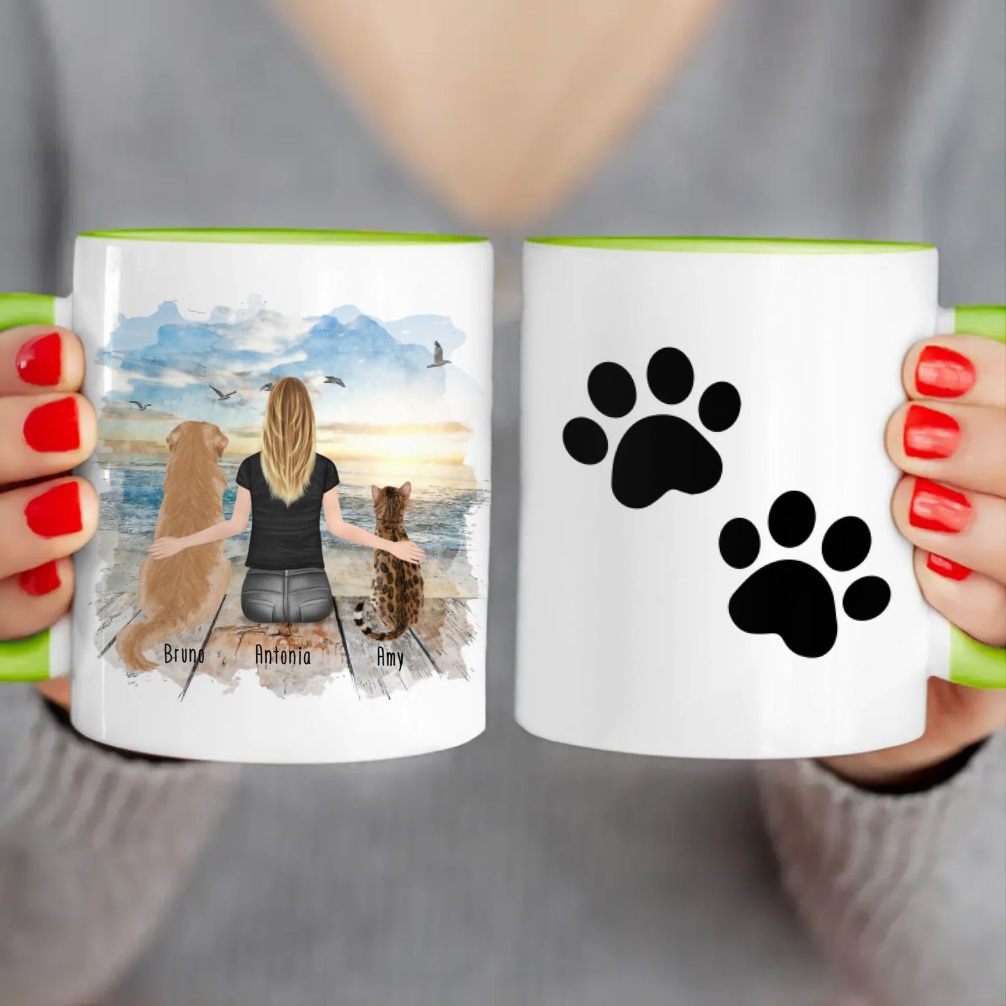 Personalisierte Tasse mit Hund/Katze/Frau (1 Hunde + 1 Katze + 1 Frau)