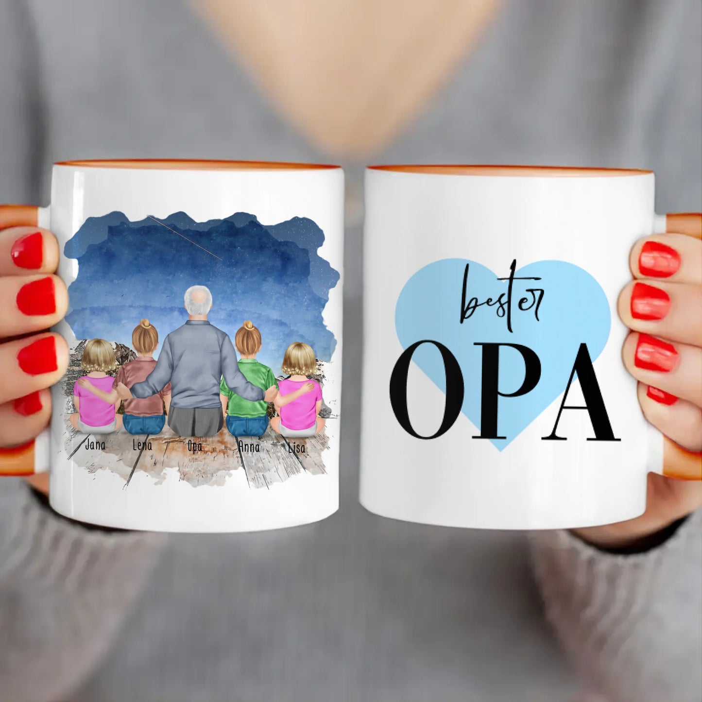 Personalisierte Tasse für Opa (2 Kinder + 2 Babys + 1 Opa)