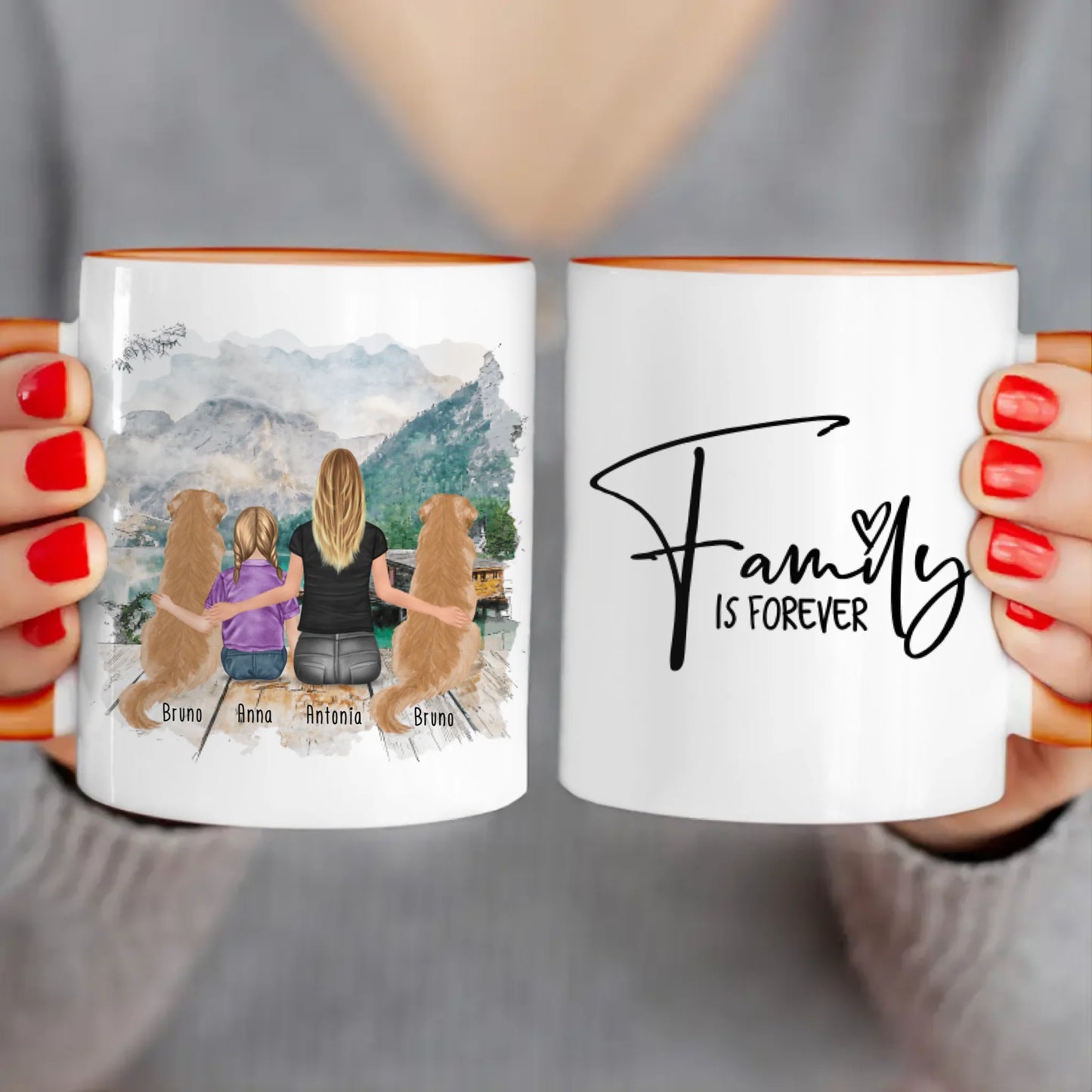 Personalisierte Tasse 1 Frau + 1 Kind + 2 Hunde