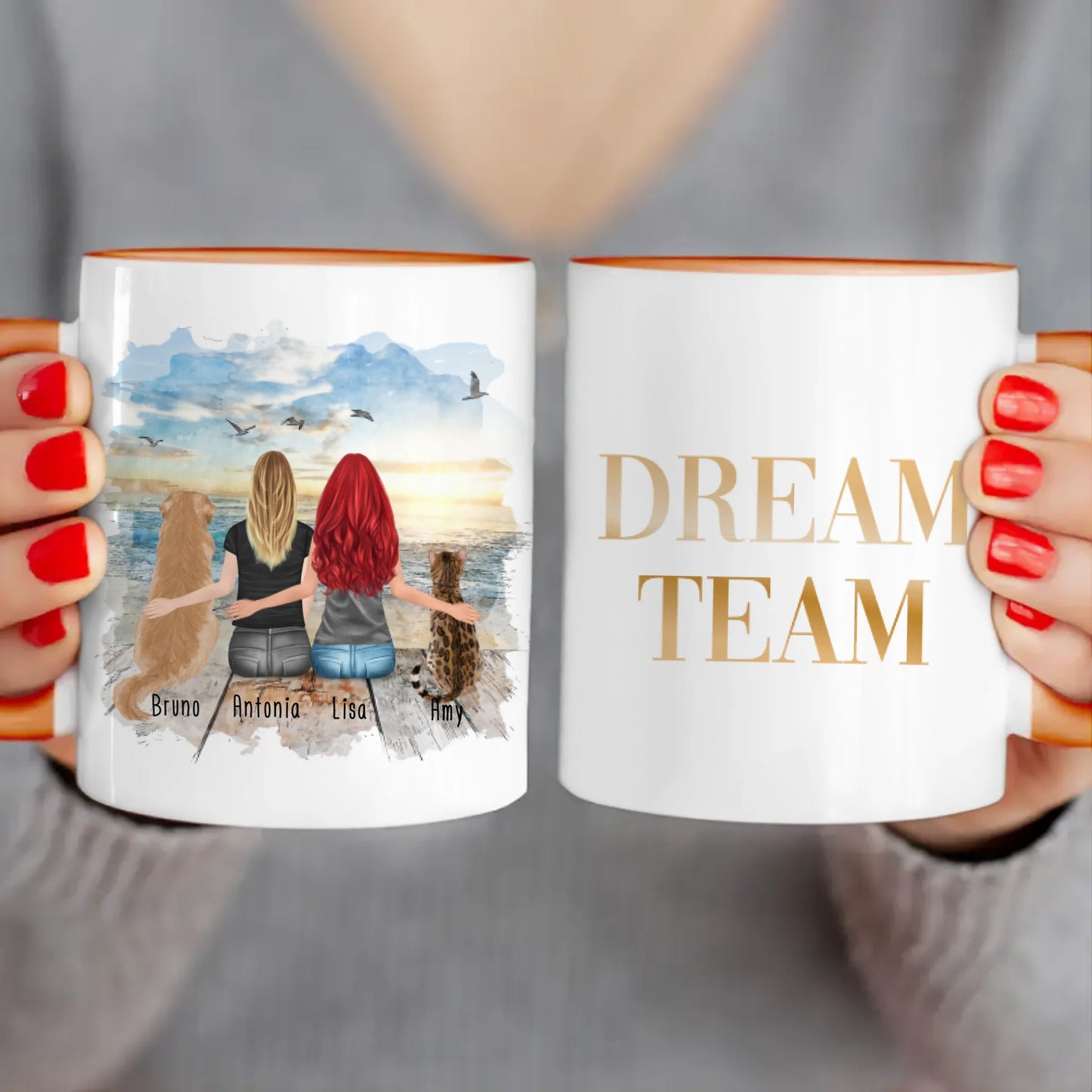 Personalisierte Tasse mit Hund, Katze und Frauen (1 Hund + 1 Katze + 2 Frauen)