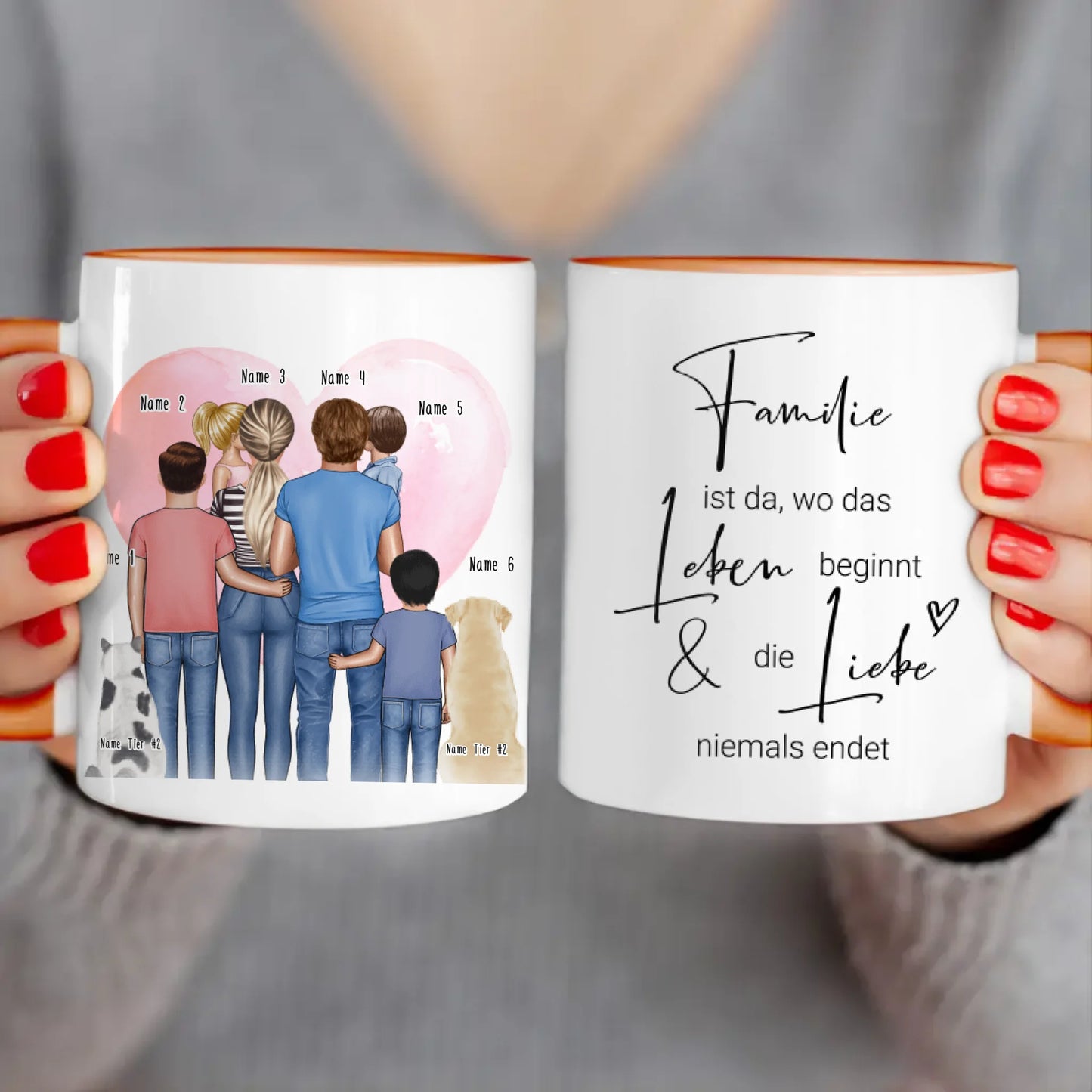 Personalisierte Tasse - Familie + 1-4 Kinder + 1-2 Hunde/Katzen