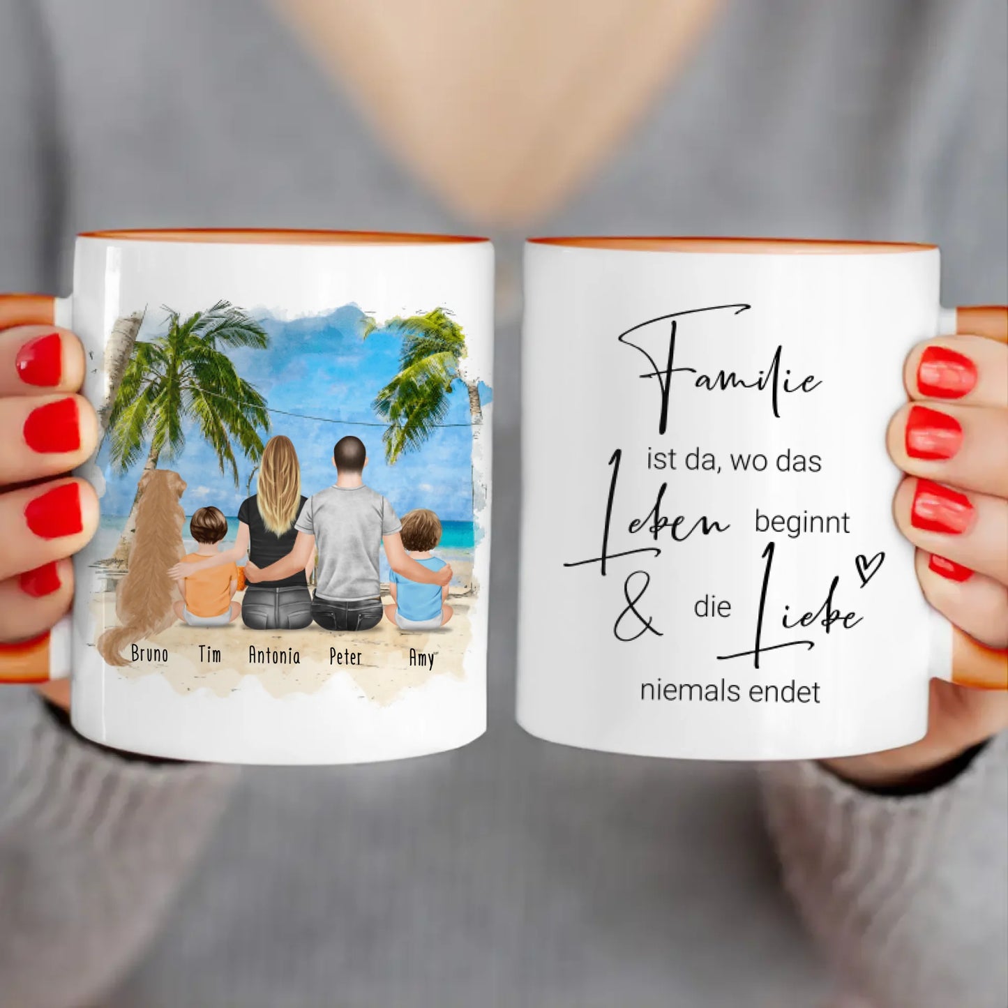 Personalisierte Tasse mit Familie + 1 Hund (2 Babys)