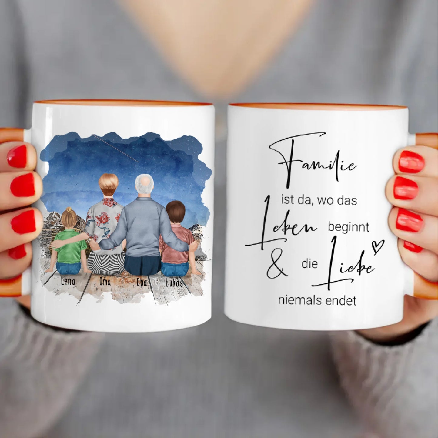 Personalisierte Tasse für Oma und Opa (1 Kleinkind + 1 Kind + 1 Oma + 1 Opa)