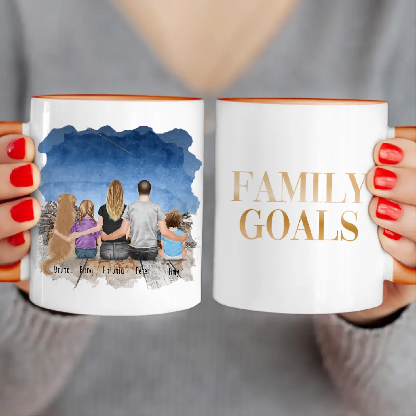 Personalisierte Tasse mit Familie + 1 Hund (1 Baby + 1 Kind)