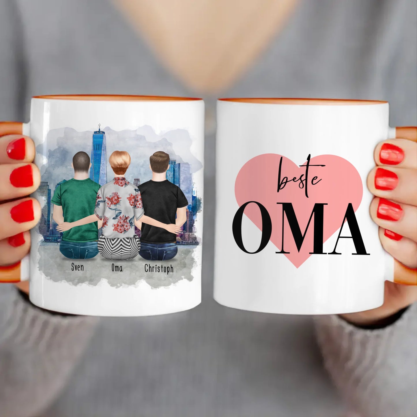 Personalisierte Tasse für Oma (2 Männer + 1 Oma)