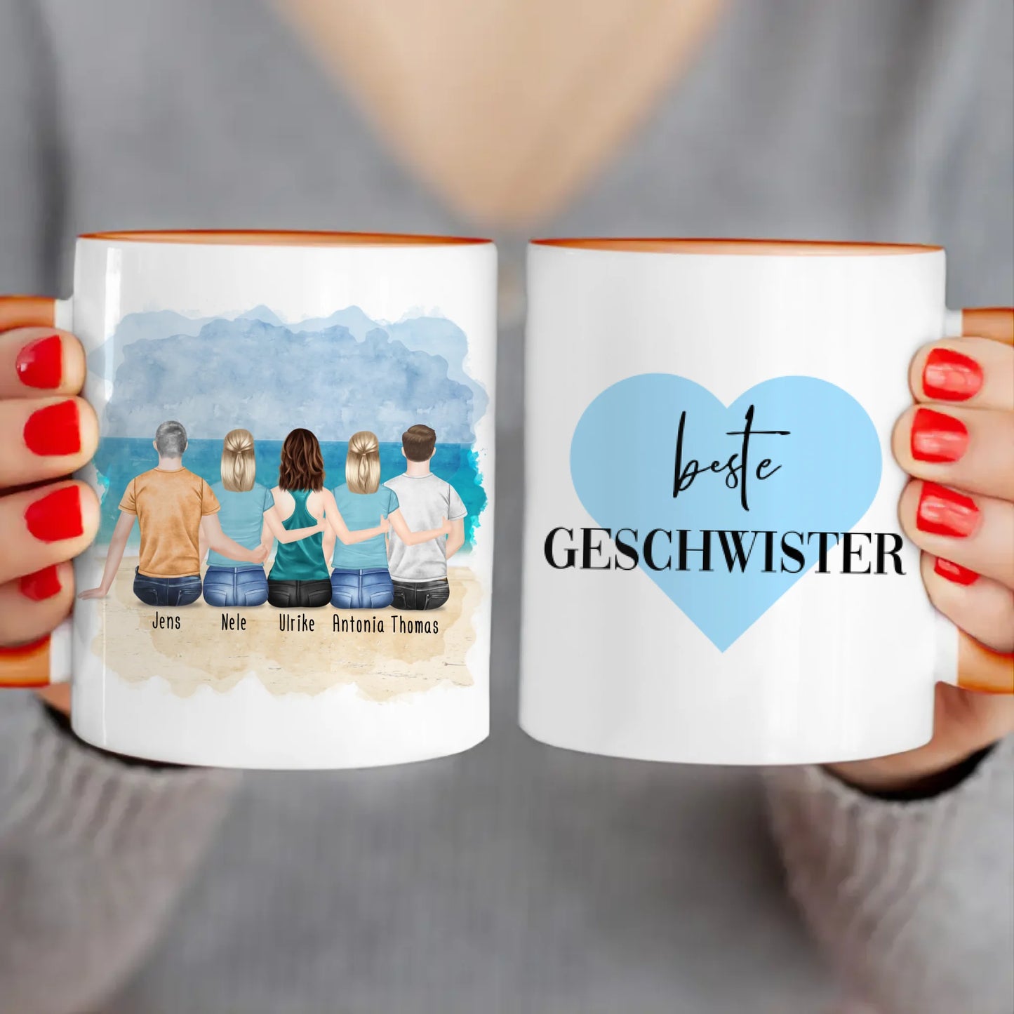 Personalisierte Tasse mit Bruder/Schwester (3 Schwestern + 2 Brüder)