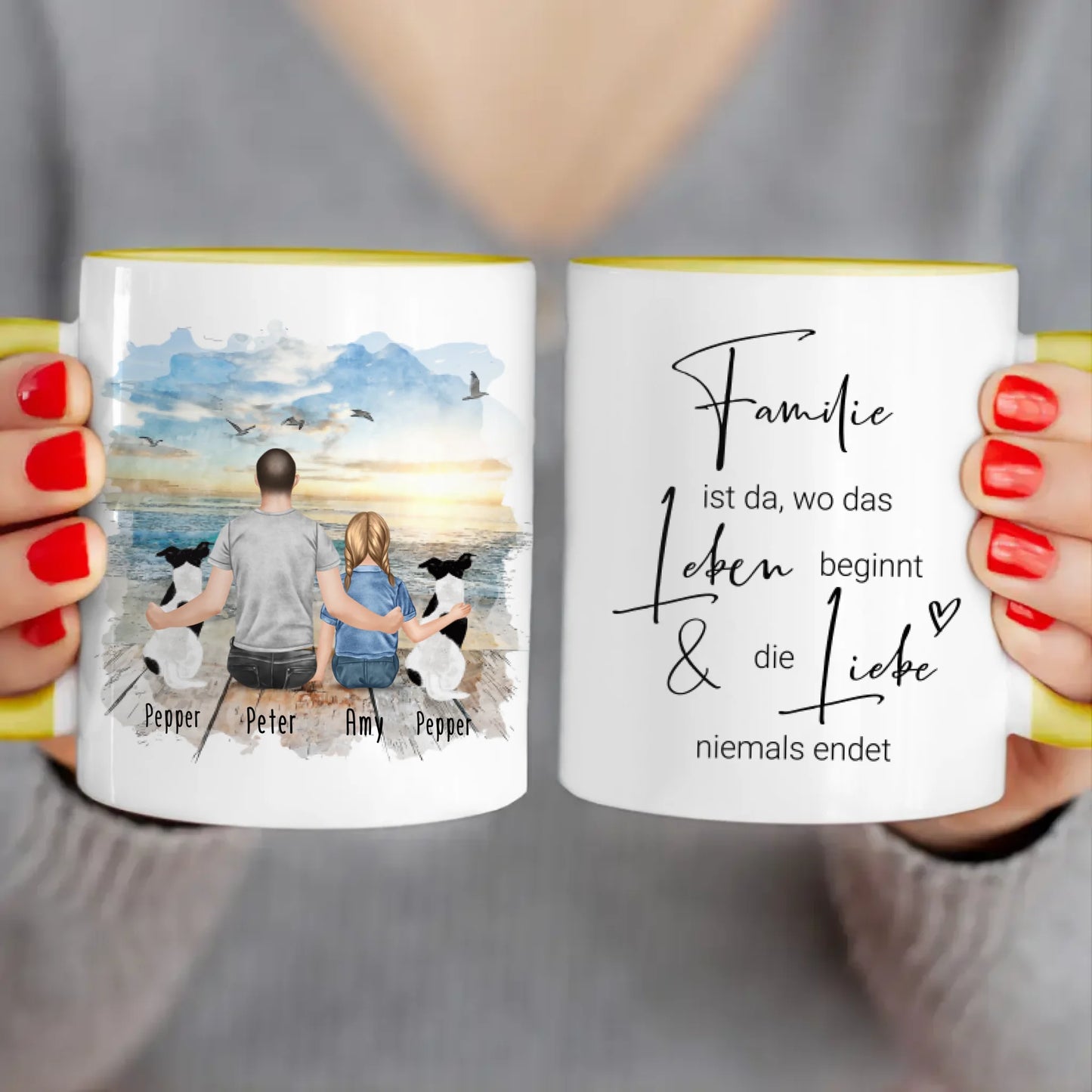 Personalisierte Tasse - 1 Mann + 1 Kind + 2 Hunde