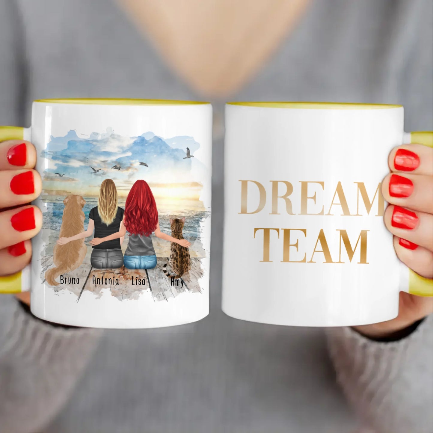 Personalisierte Tasse mit Hund, Katze und Frauen (1 Hund + 1 Katze + 2 Frauen)