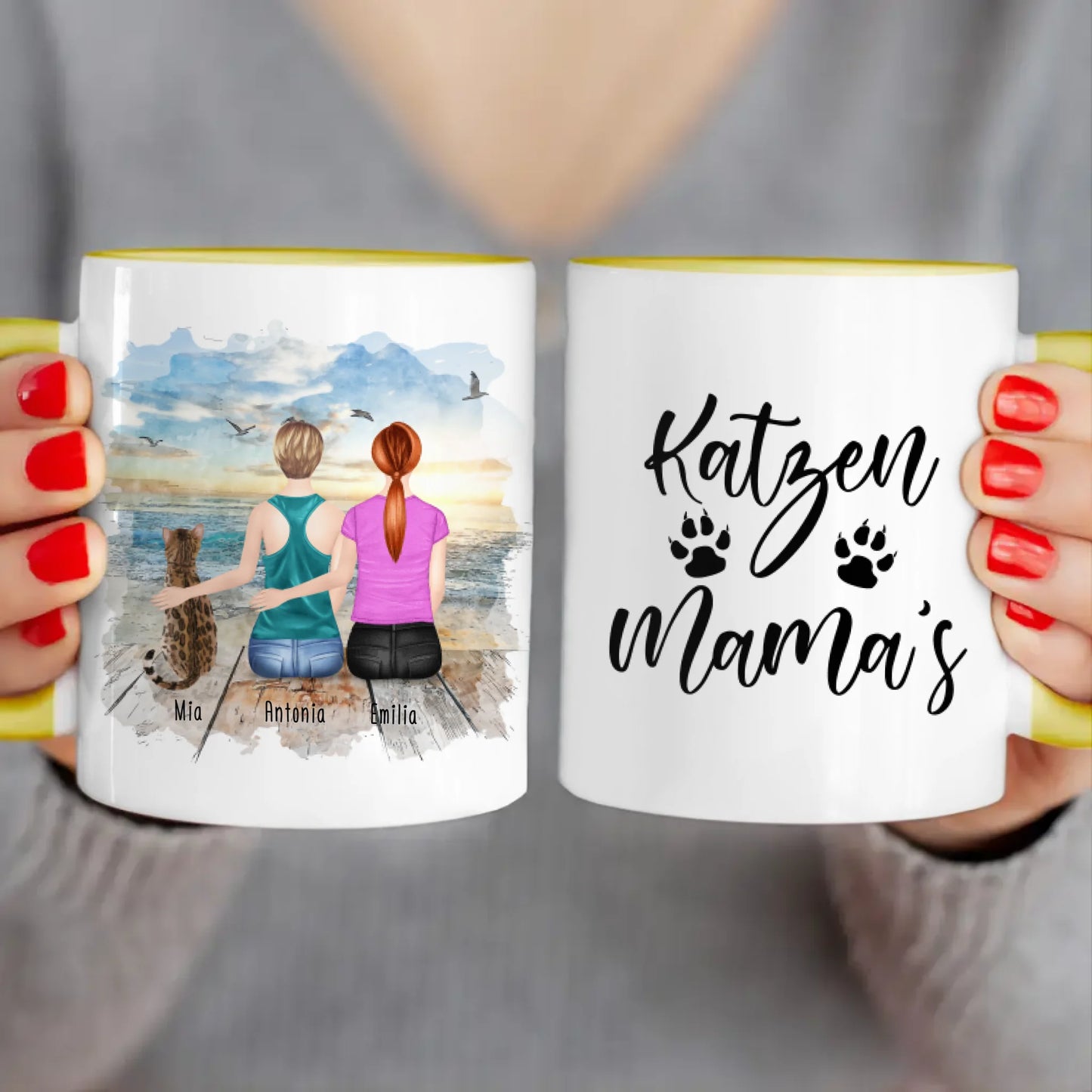 Personalisierte Tasse mit Katze und Frauen (1 Katze + 2 Frauen)