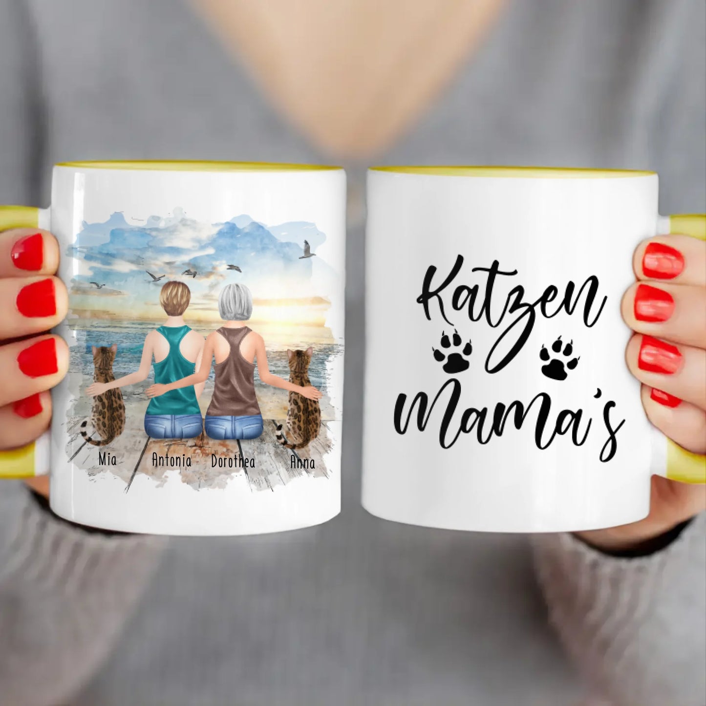 Personalisierte Tasse mit Katzen und Frauen (2 Katzen + 2 Frauen)