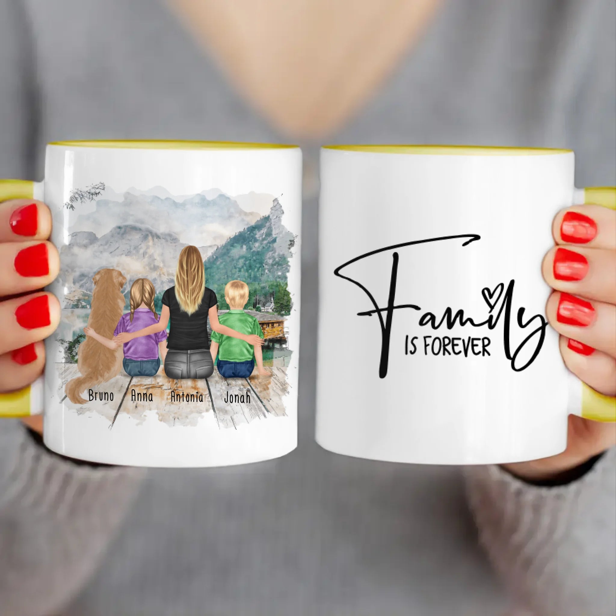 Personalisierte Tasse mit 1 Frau + 2 Kindern + 1 Hund