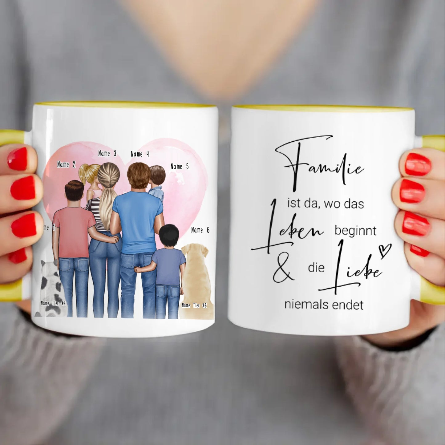 Personalisierte Tasse - Familie + 1-4 Kinder + 1-2 Hunde/Katzen