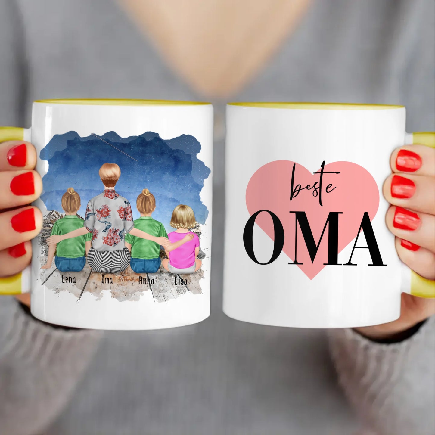 Personalisierte Tasse für Oma (2 Kinder + 1 Baby + 1 Oma)