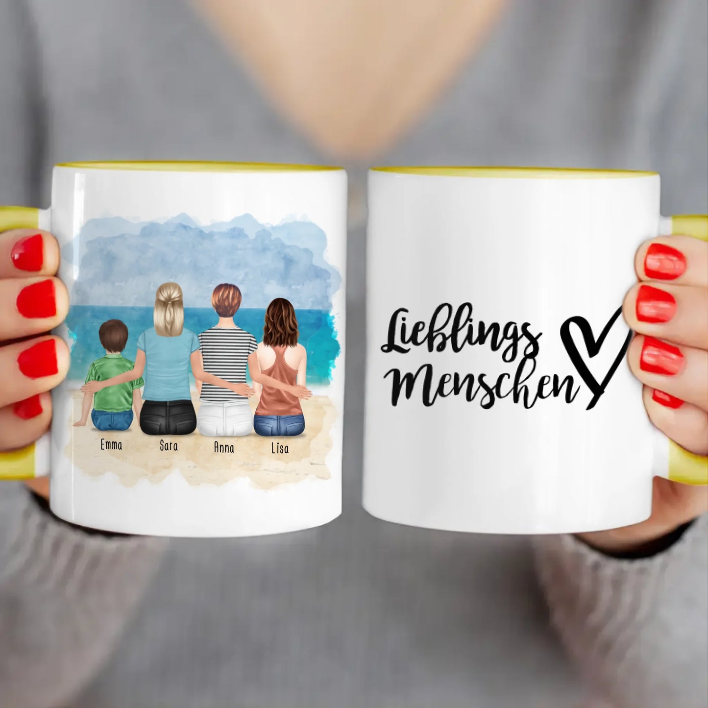 Personalisierte Tasse mit 2 Frauen + 1 Kind + 1 Teenagerin