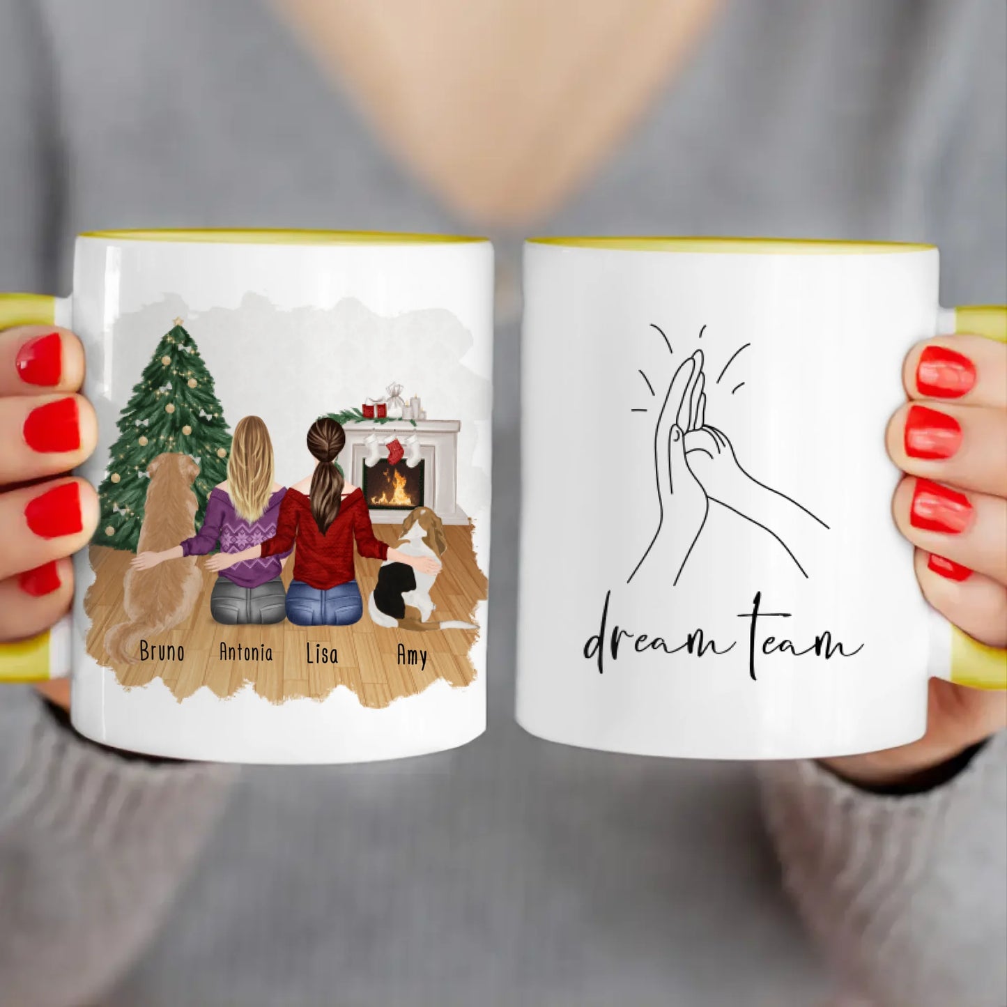 Personalisierte Tasse mit Hunden und Frauen (2 Hunde + 2 Frauen) - Weihnachtstasse