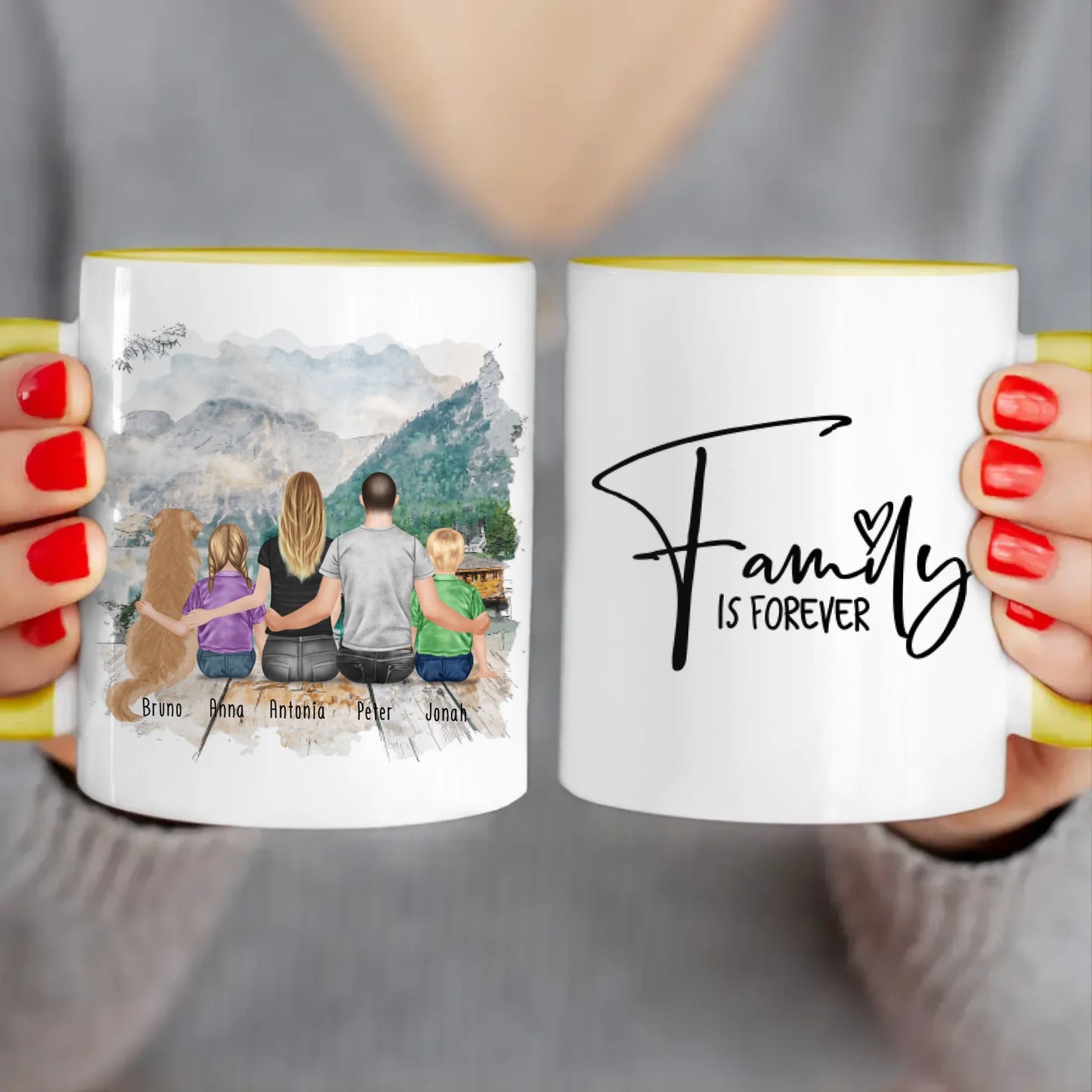 Personalisierte Tasse mit Familie + 1 Hund (2 Kinder)