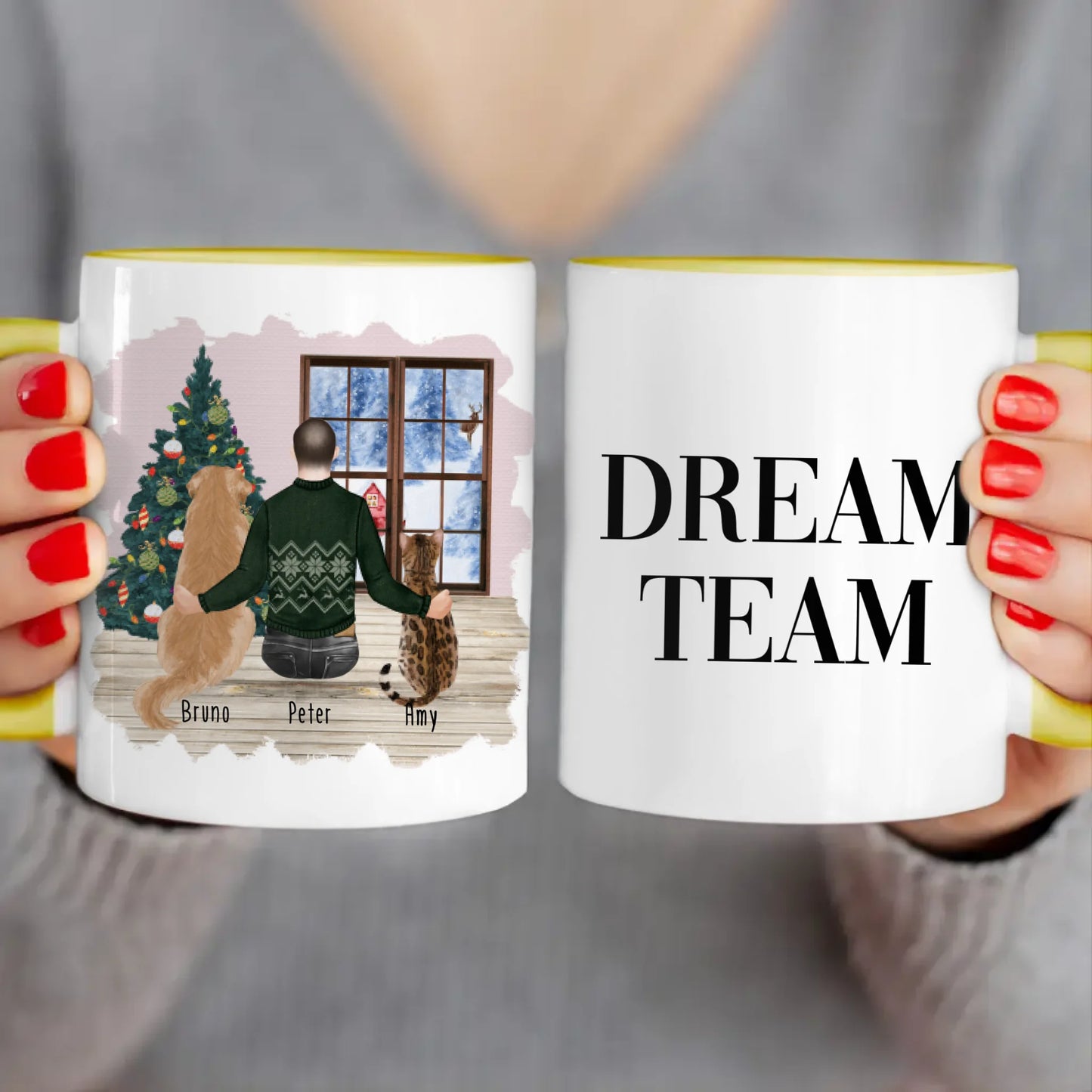 Personalisierte Tasse mit Hund, Katze und Mann (1 Hund + 1 Katze + 1 Mann) - Weihnachtstasse