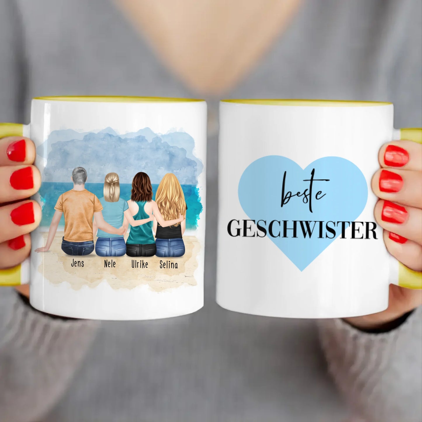 Personalisierte Tasse mit Bruder/Schwester (3 Schwestern + 1 Bruder)