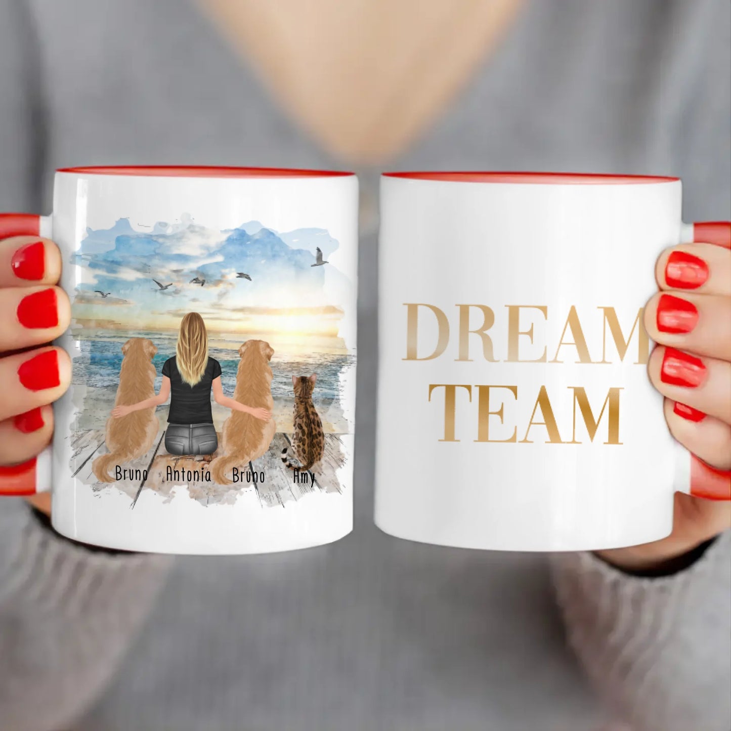 Personalisierte Tasse 1 Frau + 2 Hunde + 1 Katze