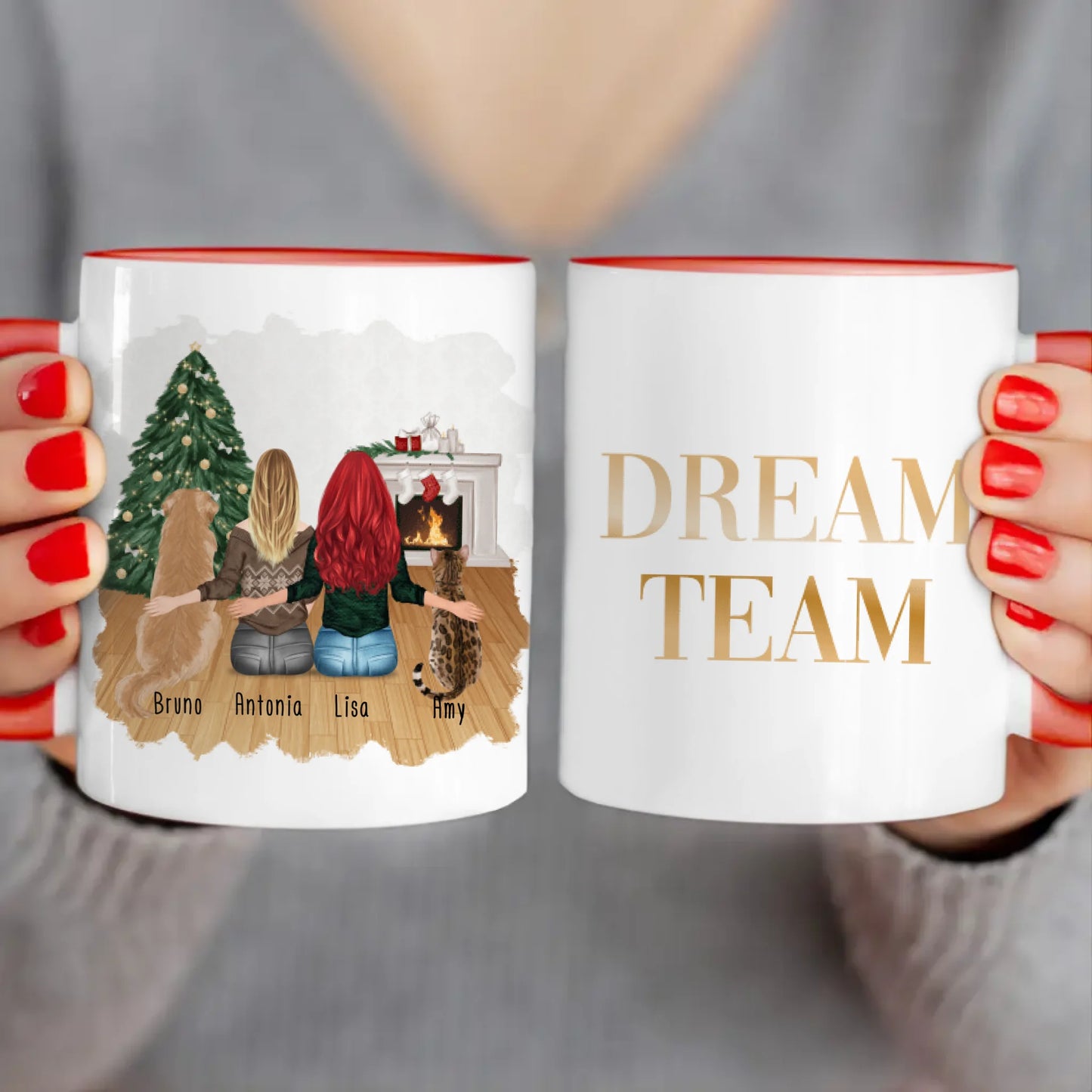 Personalisierte Tasse mit Hund, Katze und Frauen (1 Hund + 1 Katze + 2 Frauen) - Weihnachtstasse